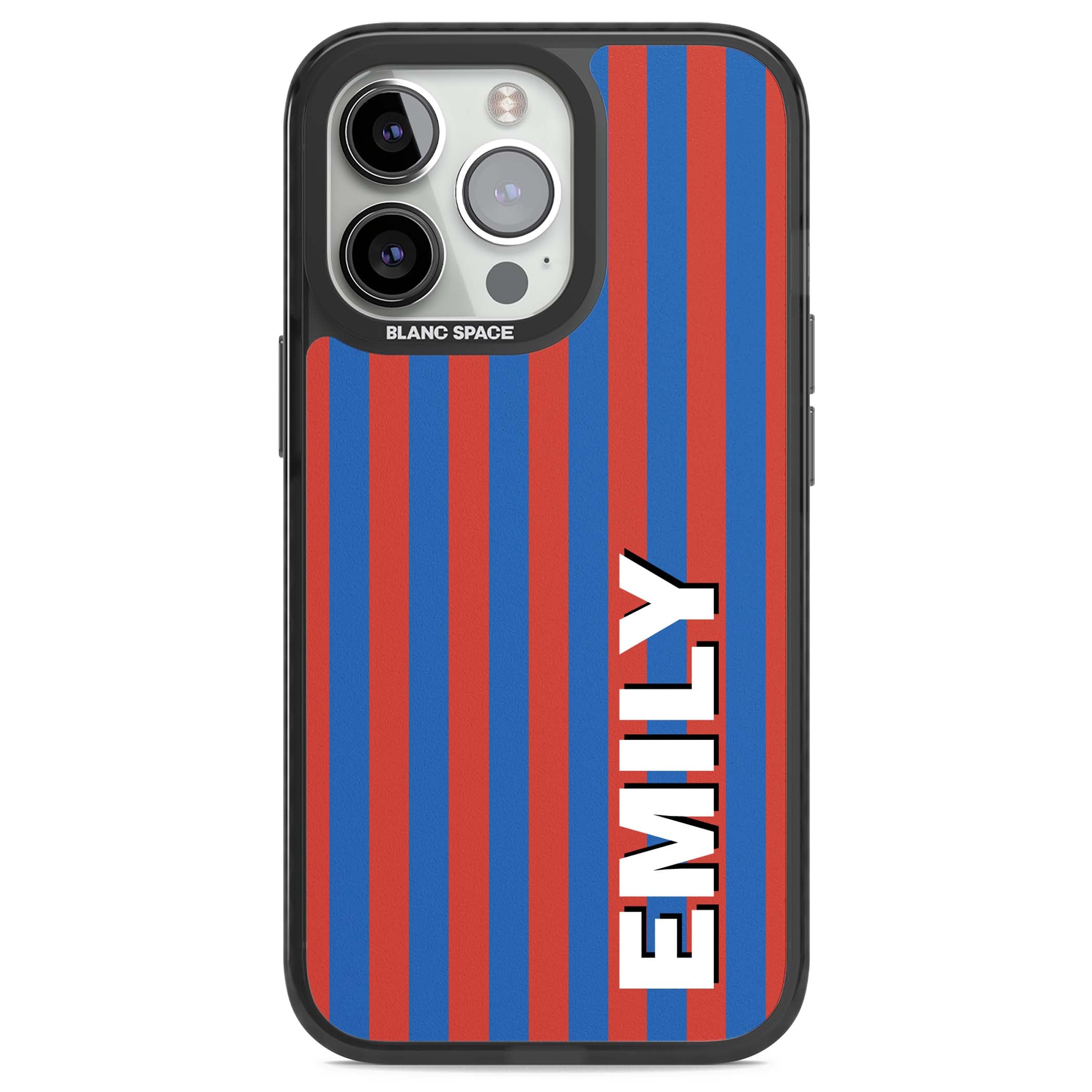 Cuban Stripe personalised iPhone case featuring red and blue vertical stripes with custom name in bold white letters | Black Impact case for iPhone 13 Pro, iPhone 14 Pro, iPhone 15 Pro
