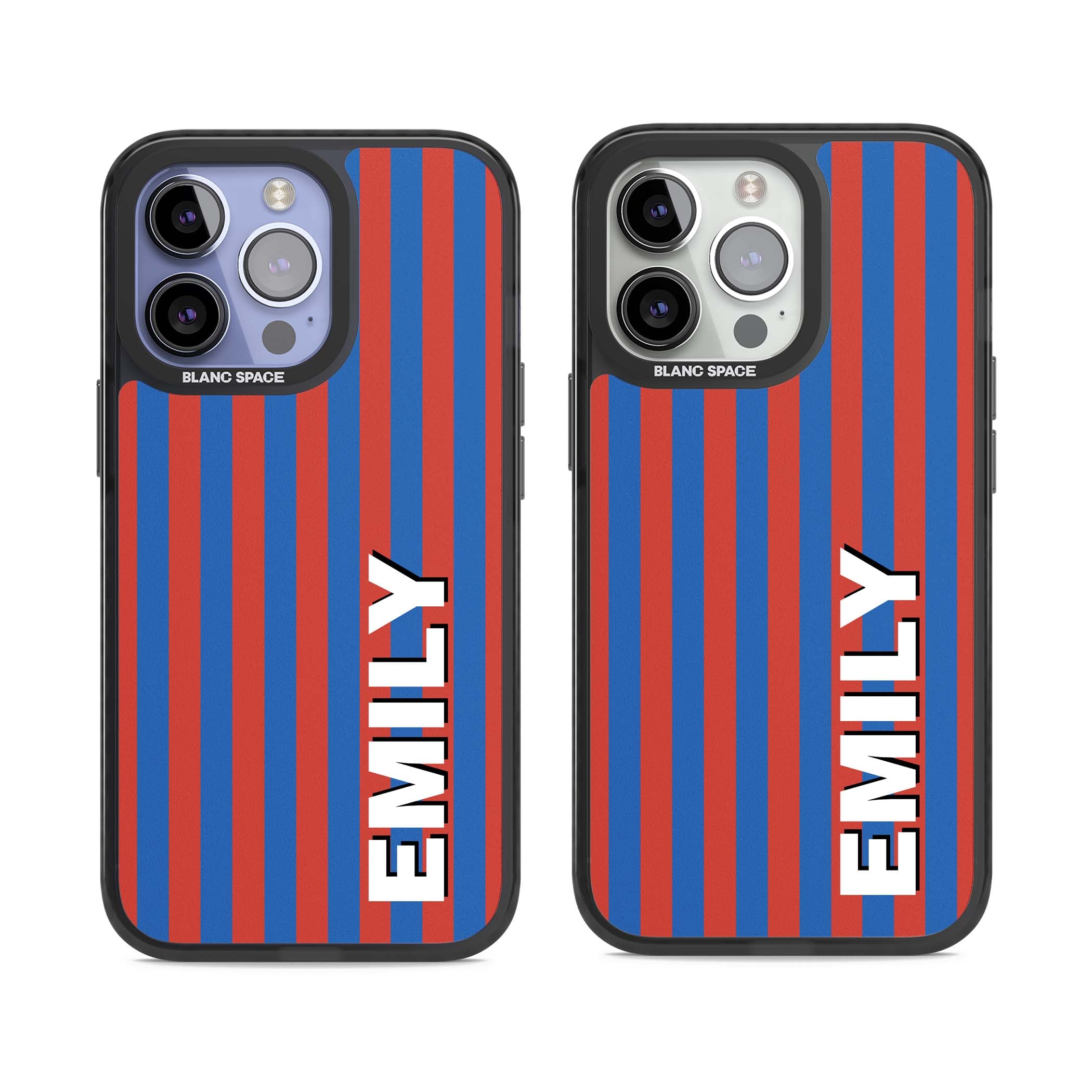 Cuban Stripe personalised iPhone case featuring red and blue vertical stripes with custom name in bold white letters | Black Impact case for iPhone 13 Pro, iPhone 14 Pro, iPhone 15 Pro