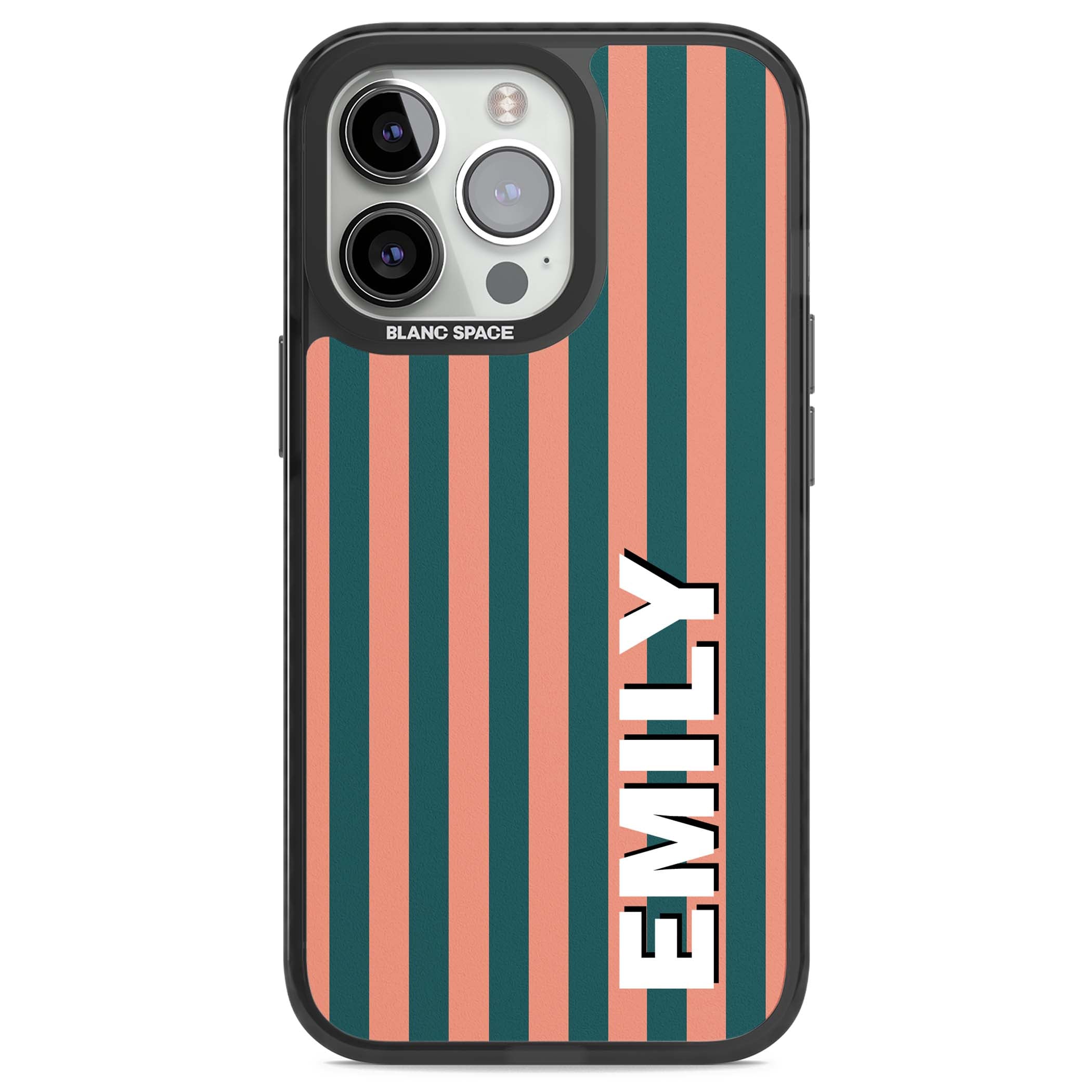 Tuscan Stripe personalised iPhone case featuring coral and green vertical stripes with bold custom name | Black Impact case for iPhone 13 Pro, iPhone 14 Pro, iPhone 15 Pro
