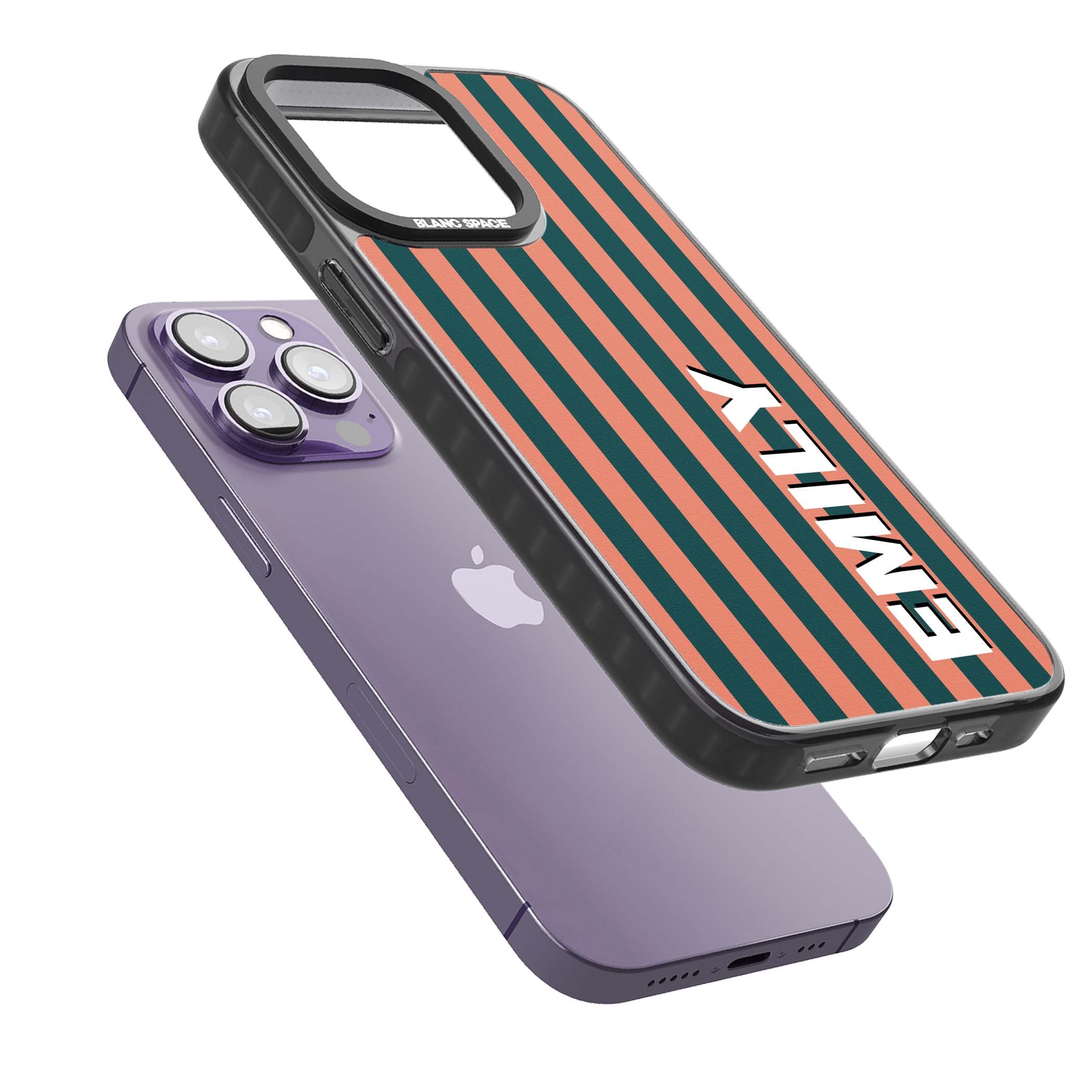 Tuscan Stripe personalised iPhone case featuring coral and green vertical stripes with bold custom name | Black Impact case for iPhone 13 Pro, iPhone 14 Pro, iPhone 15 Pro