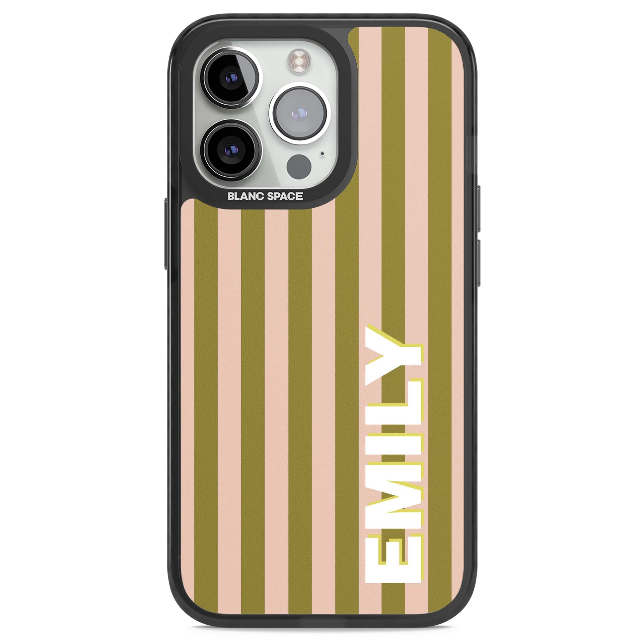 Indian Stripe personalised iPhone case featuring olive green and blush pink vertical stripes with custom name in whit | Black Impact case for iPhone 13 Pro, iPhone 14 Pro, iPhone 15 Pro
