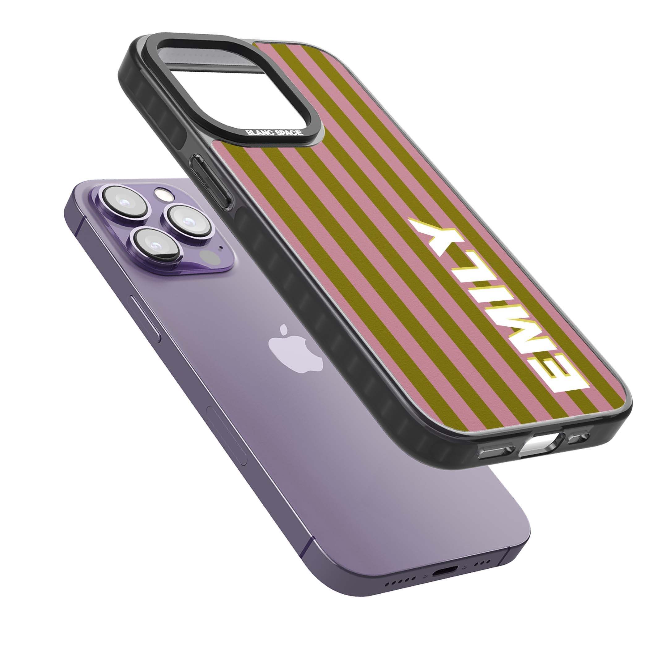 Istanbul Stripe personalised iPhone case featuring pink and olive green vertical stripes with a custom vertical name | Black Impact case for iPhone 13 Pro, iPhone 14 Pro, iPhone 15 Pro