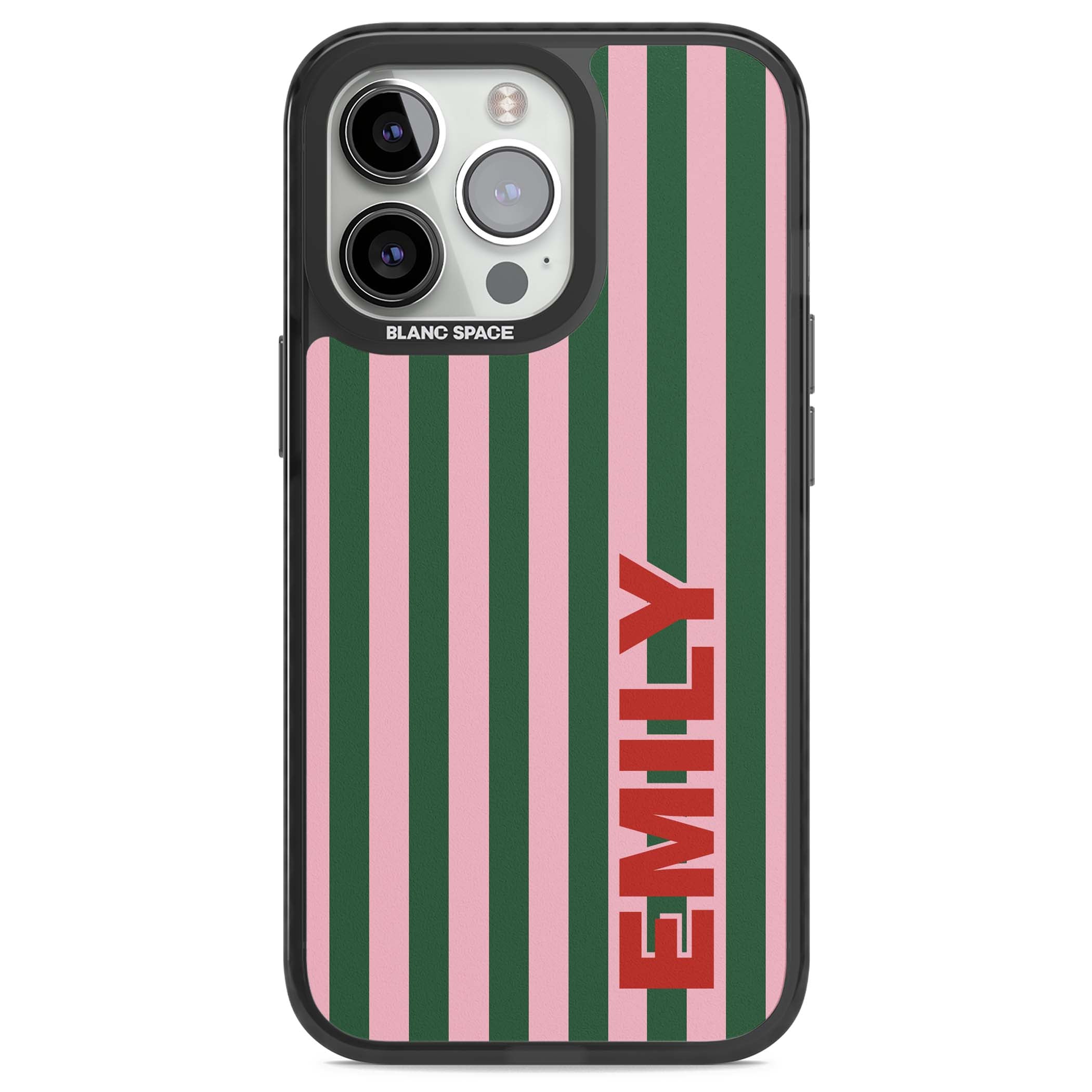 Italian Stripe preppy iPhone case featuring pink and green vertical stripes with personalised red name | Black Impact case for iPhone 13 Pro, iPhone 14 Pro, iPhone 15 Pro
