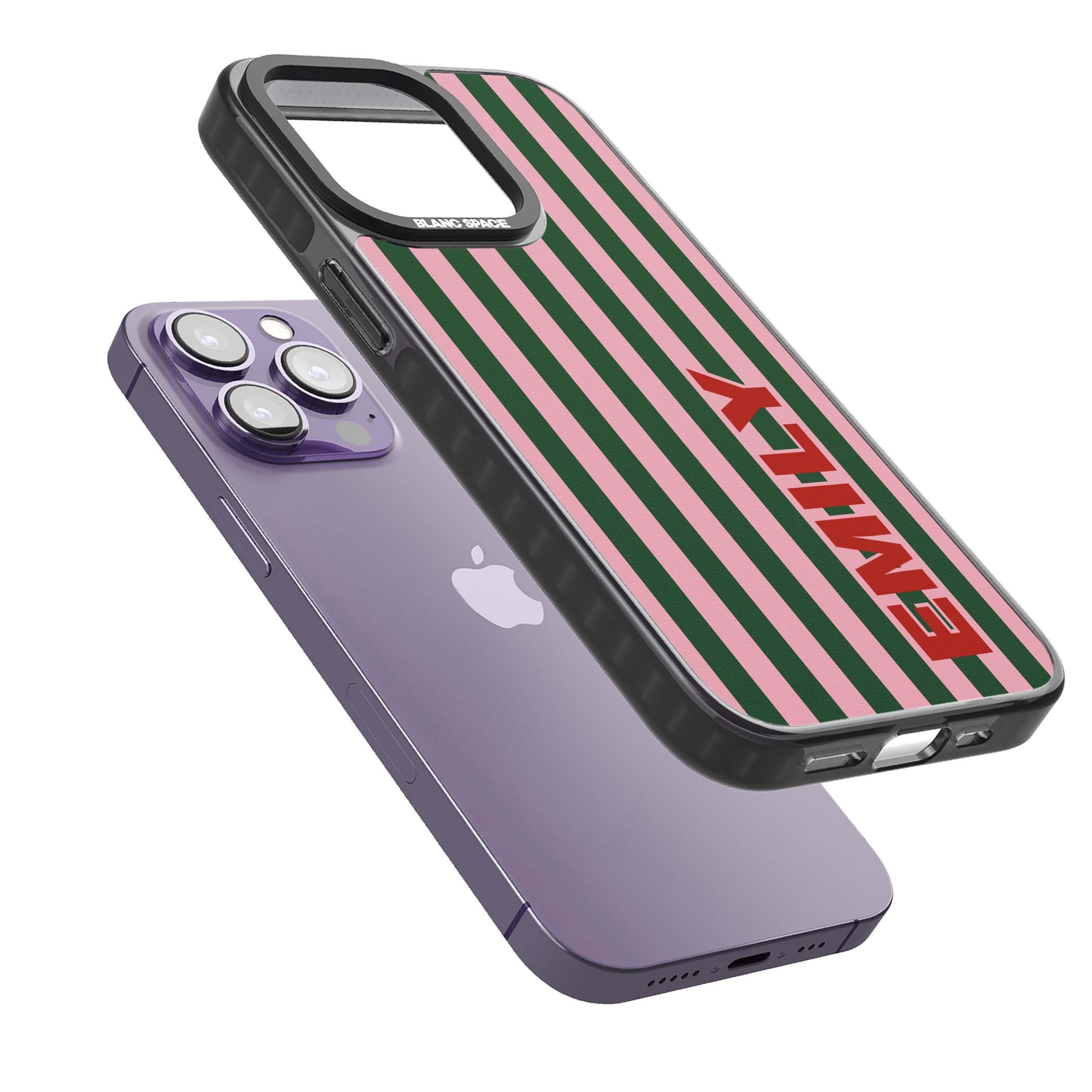 Italian Stripe preppy iPhone case featuring pink and green vertical stripes with personalised red name | Black Impact case for iPhone 13 Pro, iPhone 14 Pro, iPhone 15 Pro