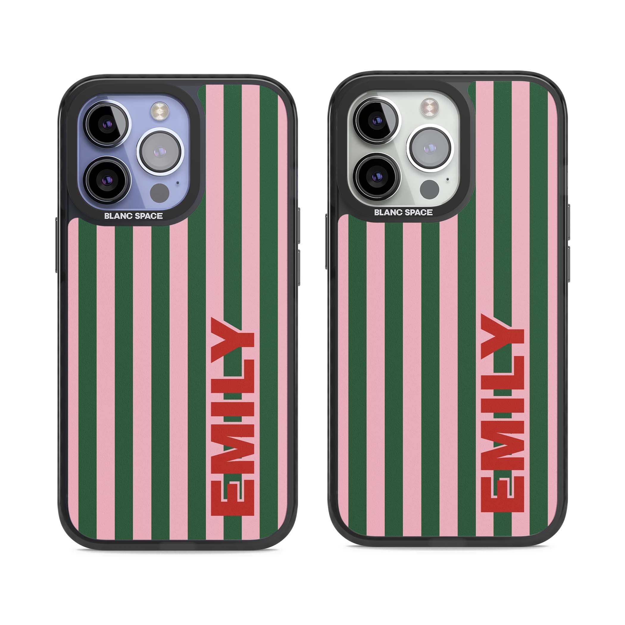 Italian Stripe preppy iPhone case featuring pink and green vertical stripes with personalised red name | Black Impact case for iPhone 13 Pro, iPhone 14 Pro, iPhone 15 Pro