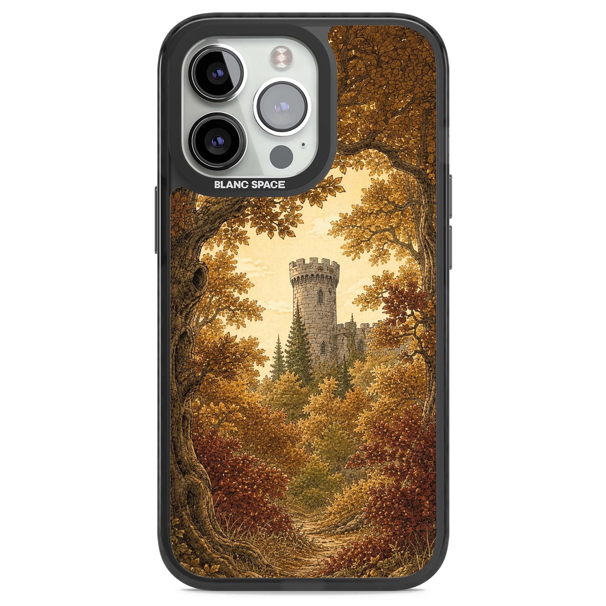 Autumn Keep cottagecore iPhone case featuring a medieval castle tower framed by golden autumn trees and woodland foliage | Black Impact case for iPhone 13 Pro, iPhone 14 Pro, iPhone 15 Pro