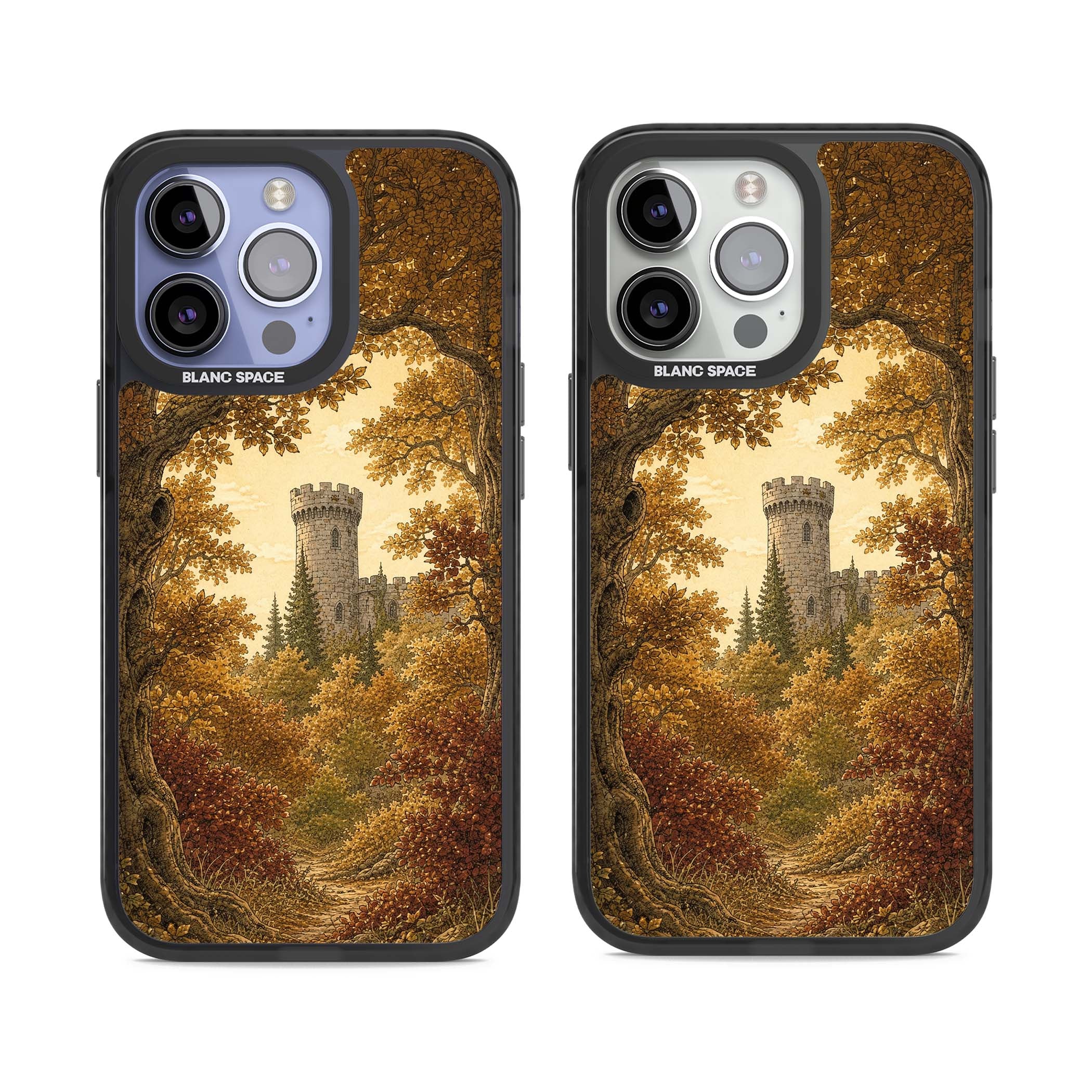 Autumn Keep cottagecore iPhone case featuring a medieval castle tower framed by golden autumn trees and woodland foliage | Black Impact case for iPhone 13 Pro, iPhone 14 Pro, iPhone 15 Pro