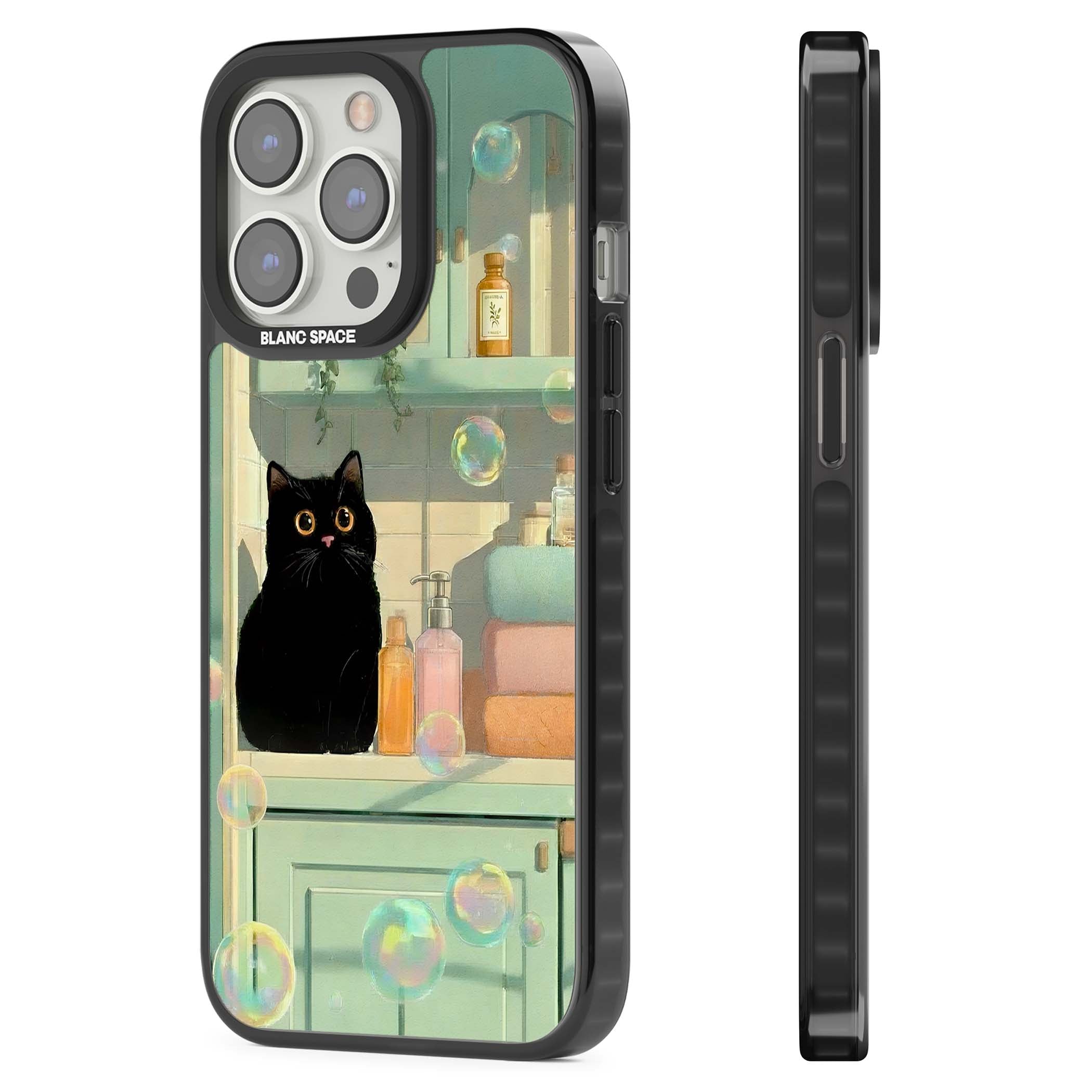 Bathroom Bubble Kitty cottagecore iPhone case featuring a black cat, mint bathroom scene and floating soap bubbles | Black Impact case for iPhone 13 Pro, iPhone 14 Pro, iPhone 15 Pro