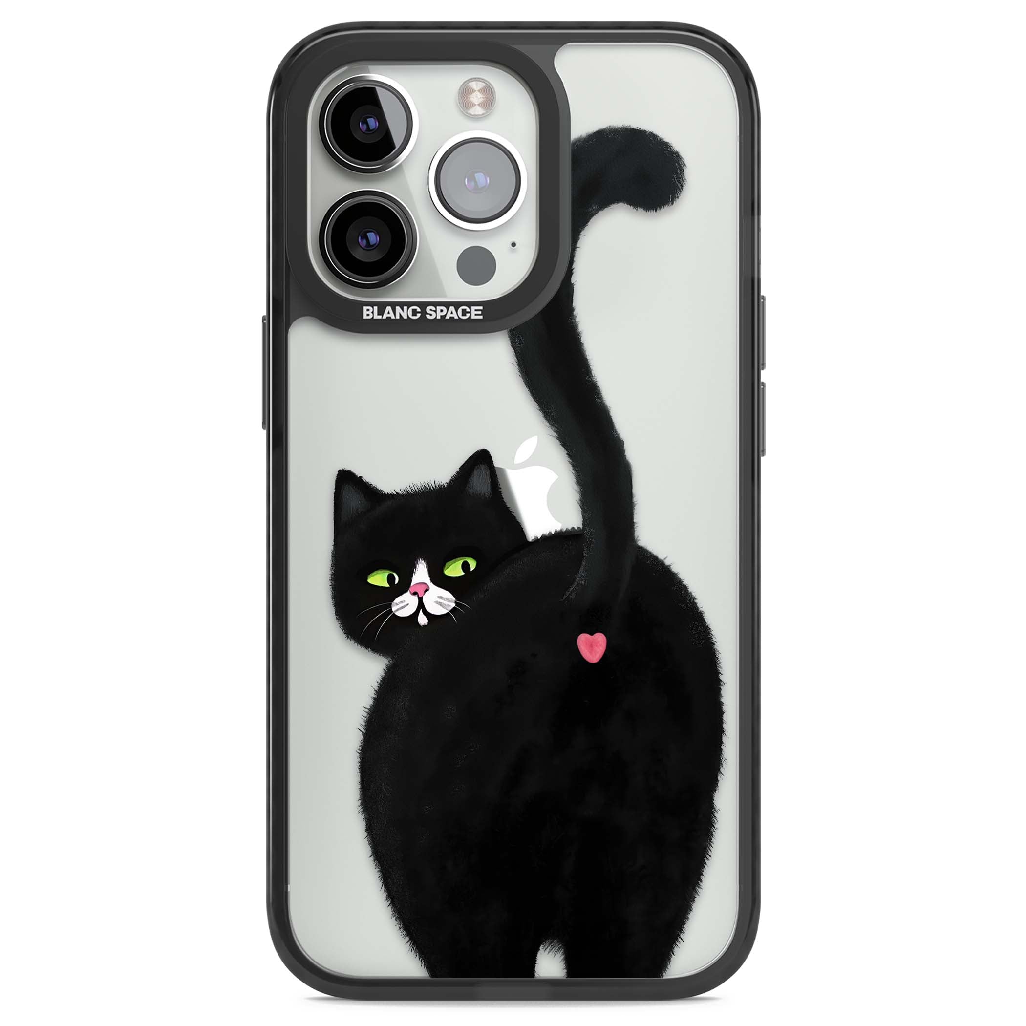 The Cat's Kiss cute cat iPhone case featuring a hand-painted tuxedo kitty with green eyes and a pink heart on a clear  | Black Impact case for iPhone 13 Pro, iPhone 14 Pro, iPhone 15 Pro