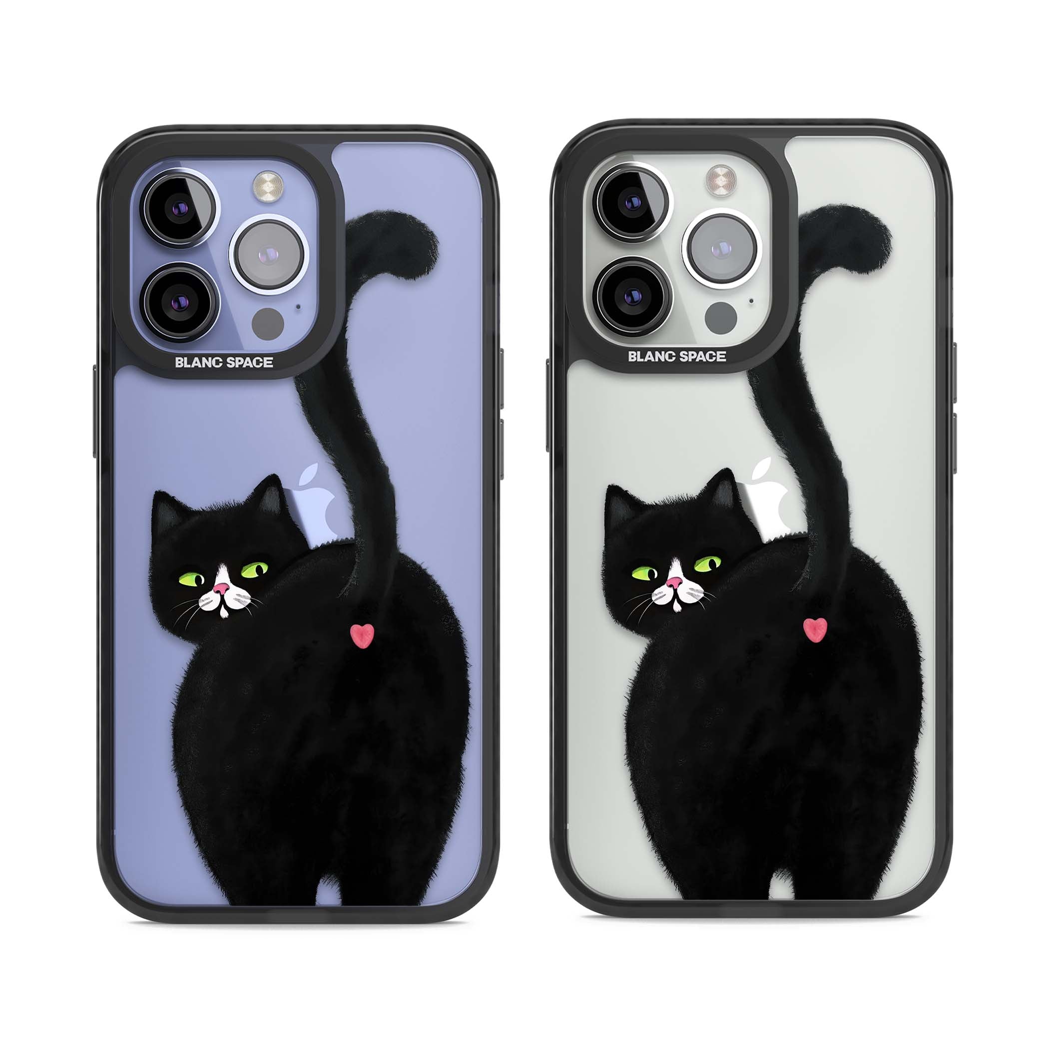 The Cat's Kiss cute cat iPhone case featuring a hand-painted tuxedo kitty with green eyes and a pink heart on a clear  | Black Impact case for iPhone 13 Pro, iPhone 14 Pro, iPhone 15 Pro