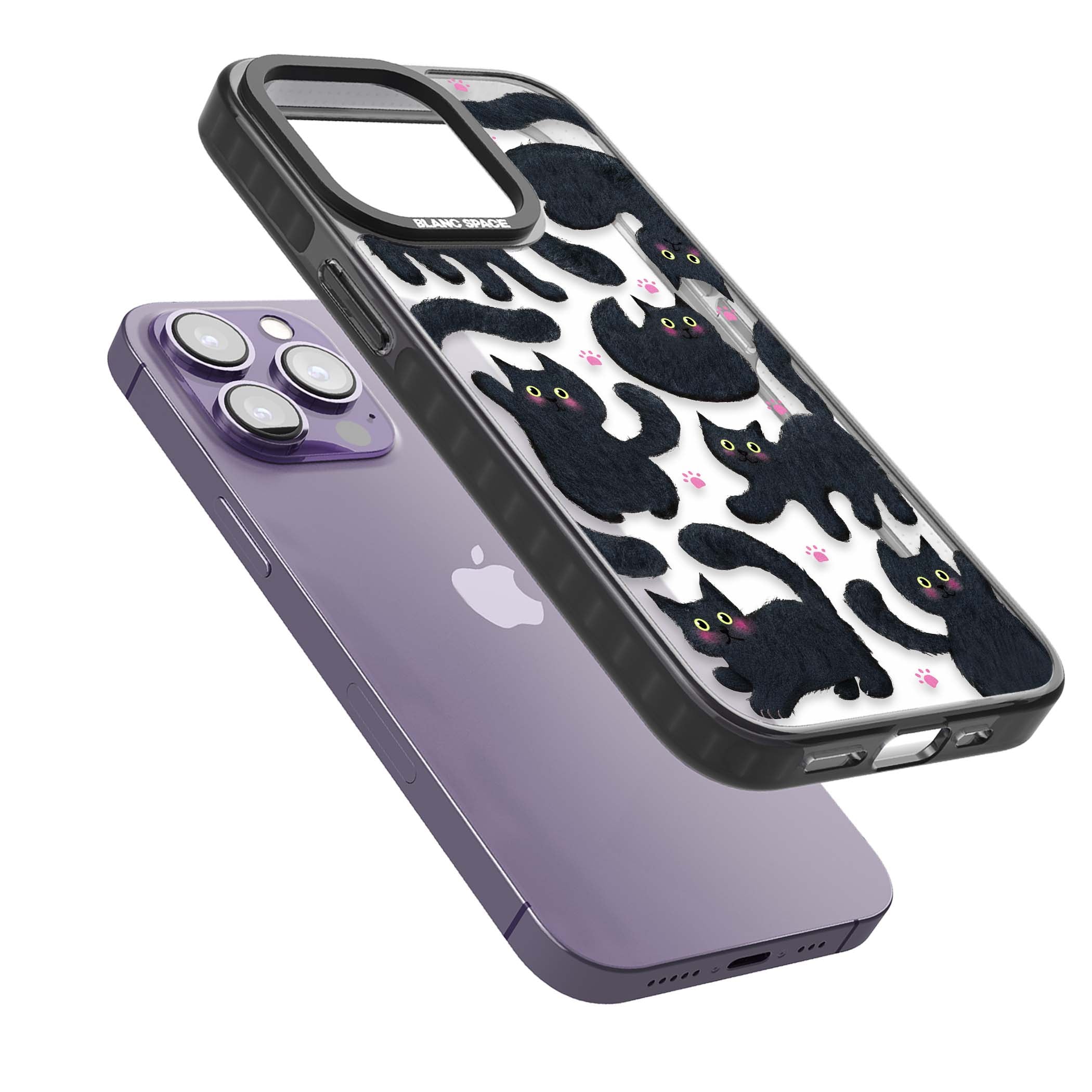Midnight Cats cute iPhone case featuring black cat pattern with yellow eyes and pink paw prints | Black Impact case for iPhone 13 Pro, iPhone 14 Pro, iPhone 15 Pro