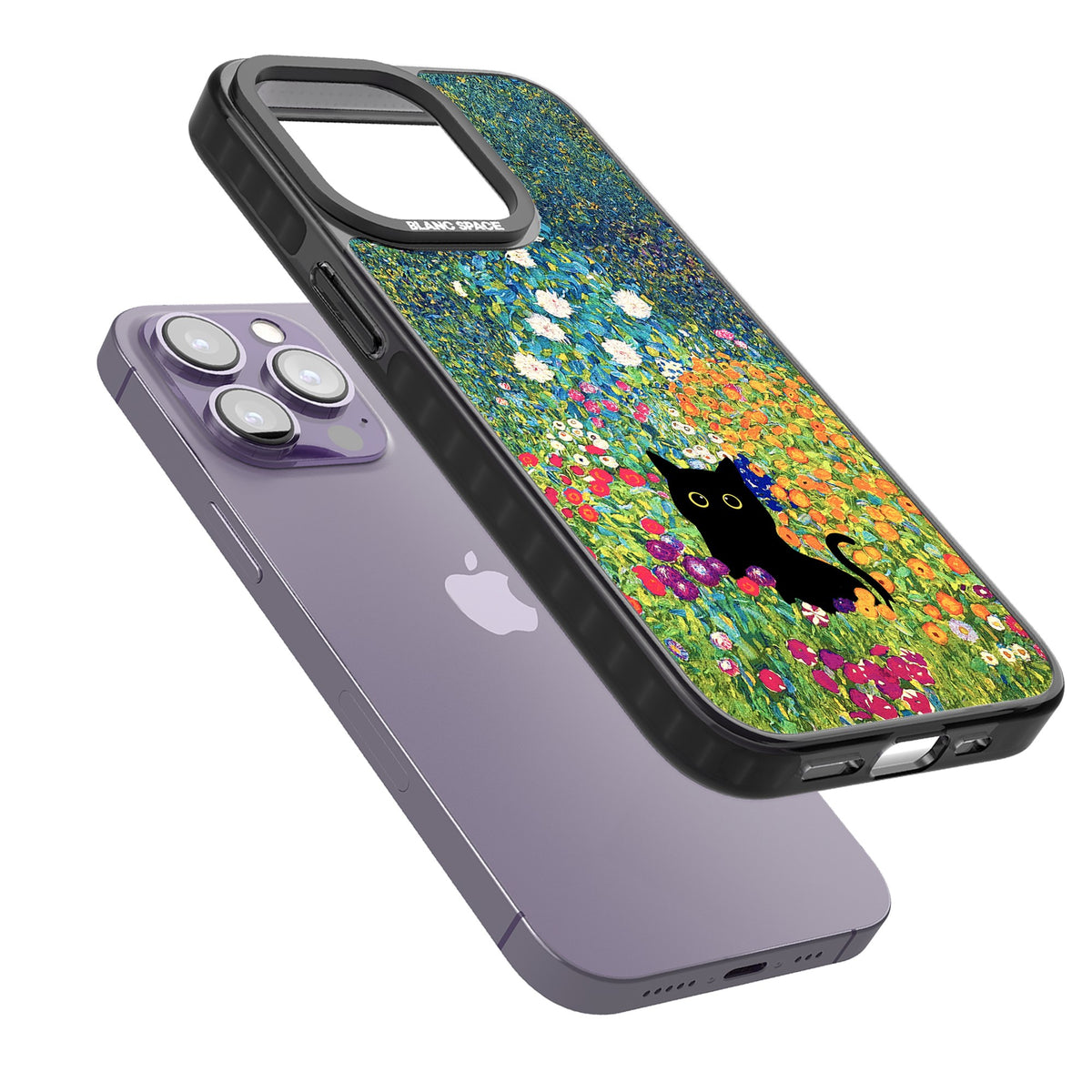Cat in Klimt's Garden iPhone 12 Pro Max / iPhone 13 Pro / iPhone 13 Pro Max / iPhone 14 Pro / iPhone 14 Pro Max / iPhone 15 Pro / iPhone 15 Pro Max Impact Black Phone Case angled