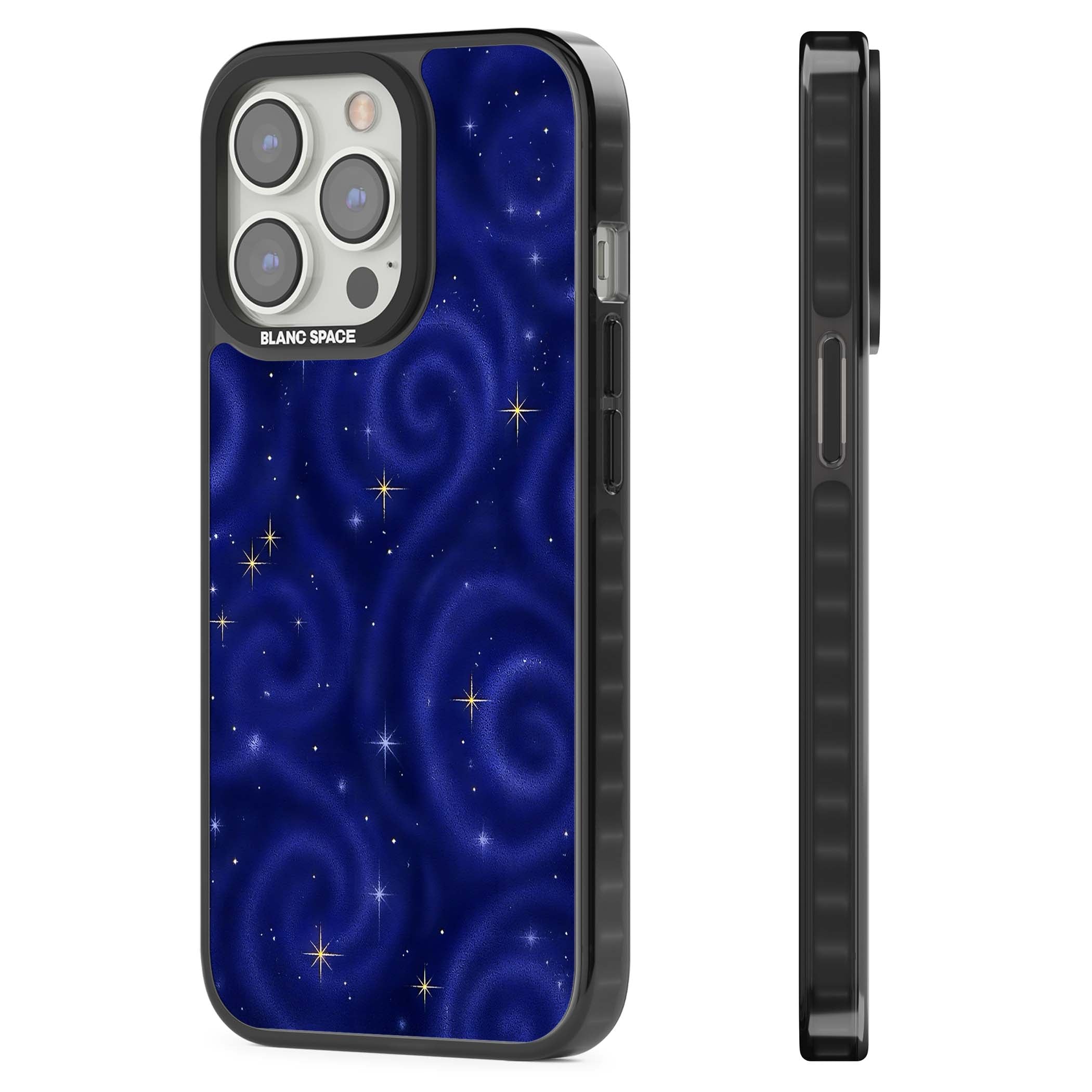 Indigo Cosmos celestial iPhone case featuring swirling navy night sky and sparkling golden stars | Black Impact case for iPhone 13 Pro, iPhone 14 Pro, iPhone 15 Pro