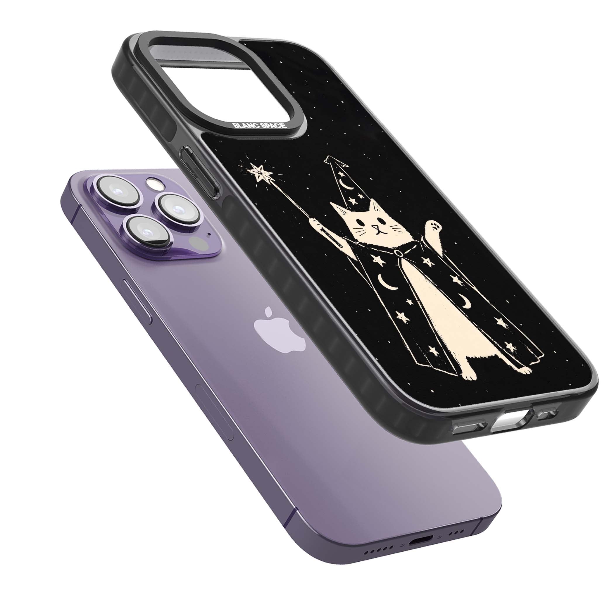 Whisker Wizard celestial cat iPhone case featuring a wizard cat with magic wand, starry night sky and crescent moons | Black Impact case for iPhone 13 Pro, iPhone 14 Pro, iPhone 15 Pro