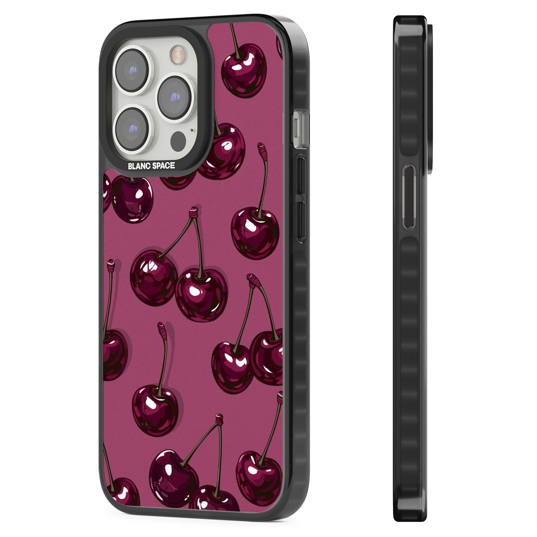 Cherry Soda coquette iPhone case featuring glossy burgundy cherries on a dusty pink background | Black Impact case for iPhone 13 Pro, iPhone 14 Pro, iPhone 15 Pro