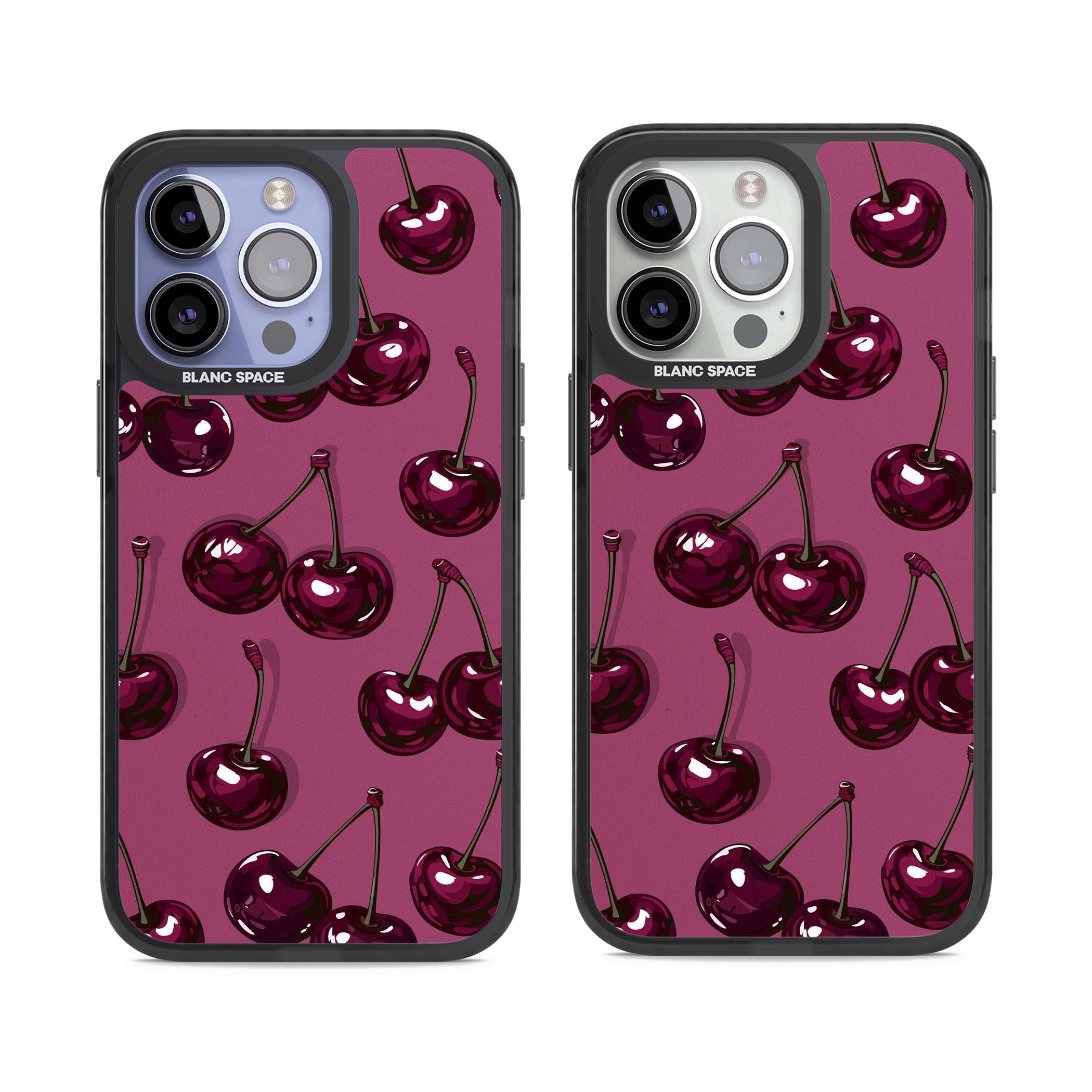 Cherry Soda coquette iPhone case featuring glossy burgundy cherries on a dusty pink background | Black Impact case for iPhone 13 Pro, iPhone 14 Pro, iPhone 15 Pro