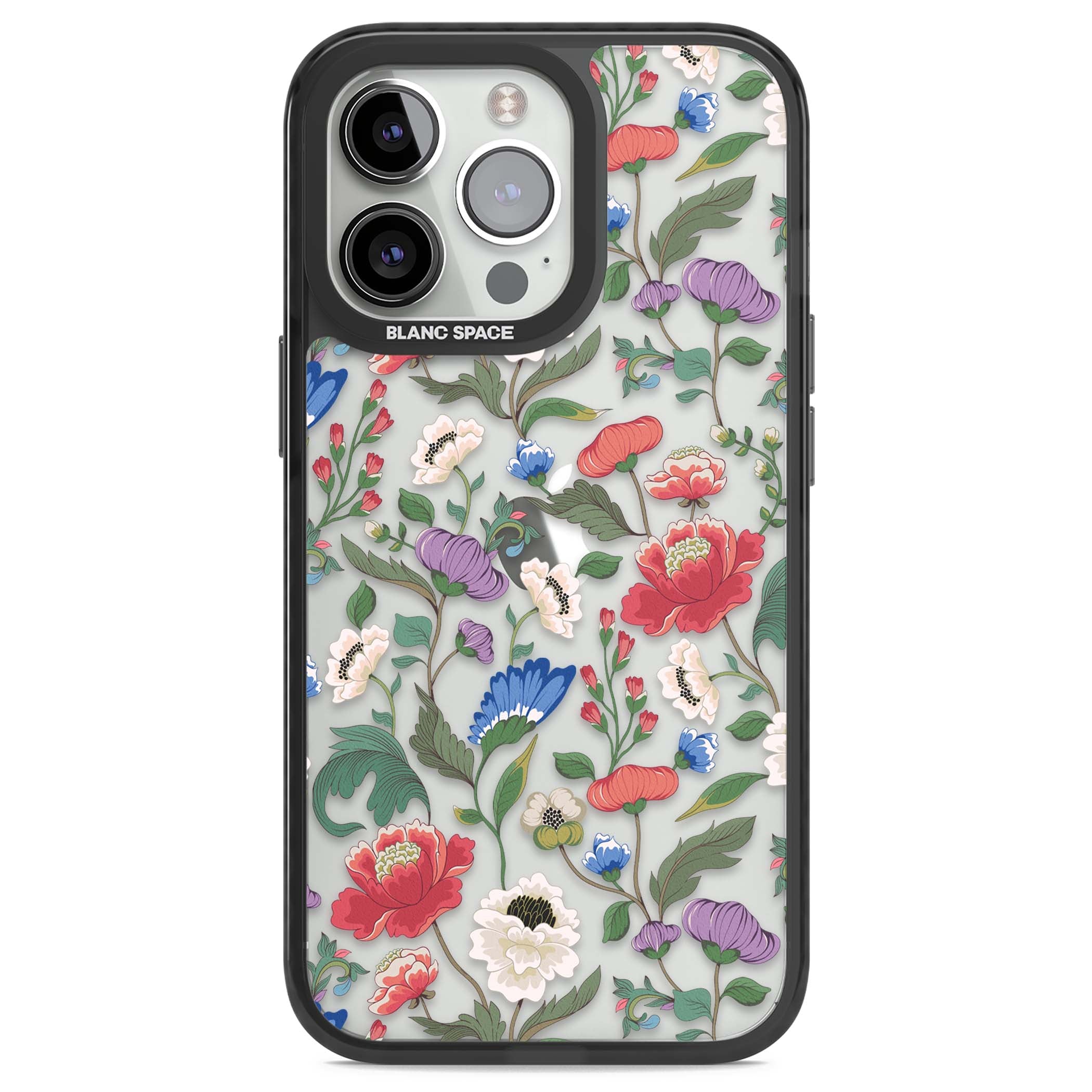 Chinoiserie Bloom vintage floral iPhone case featuring hand-painted peonies, poppies and trailing wildflowers on clear... | Black Impact case for iPhone 13 Pro, iPhone 14 Pro, iPhone 15 Pro