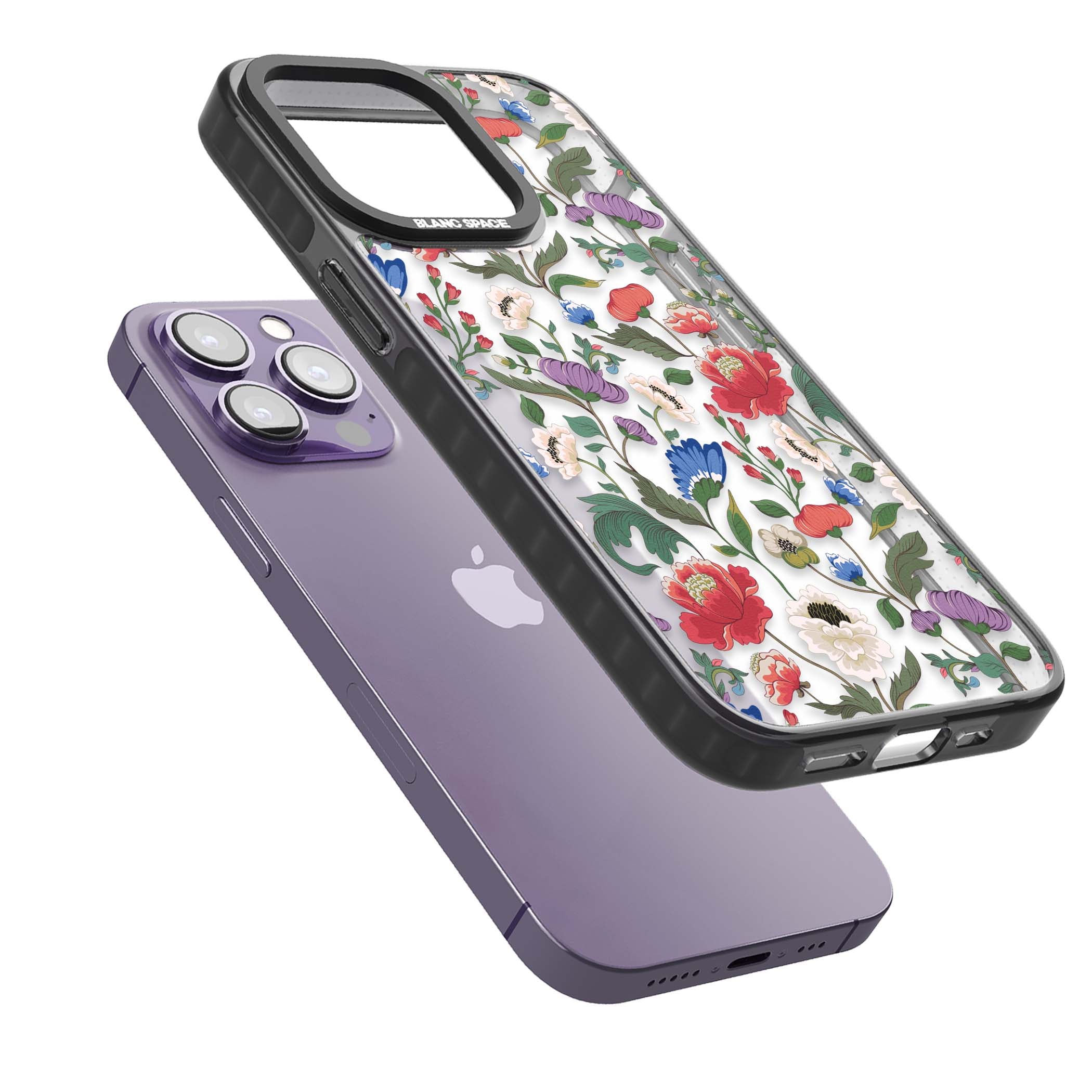 Chinoiserie Bloom vintage floral iPhone case featuring hand-painted peonies, poppies and trailing wildflowers on clear... | Black Impact case for iPhone 13 Pro, iPhone 14 Pro, iPhone 15 Pro