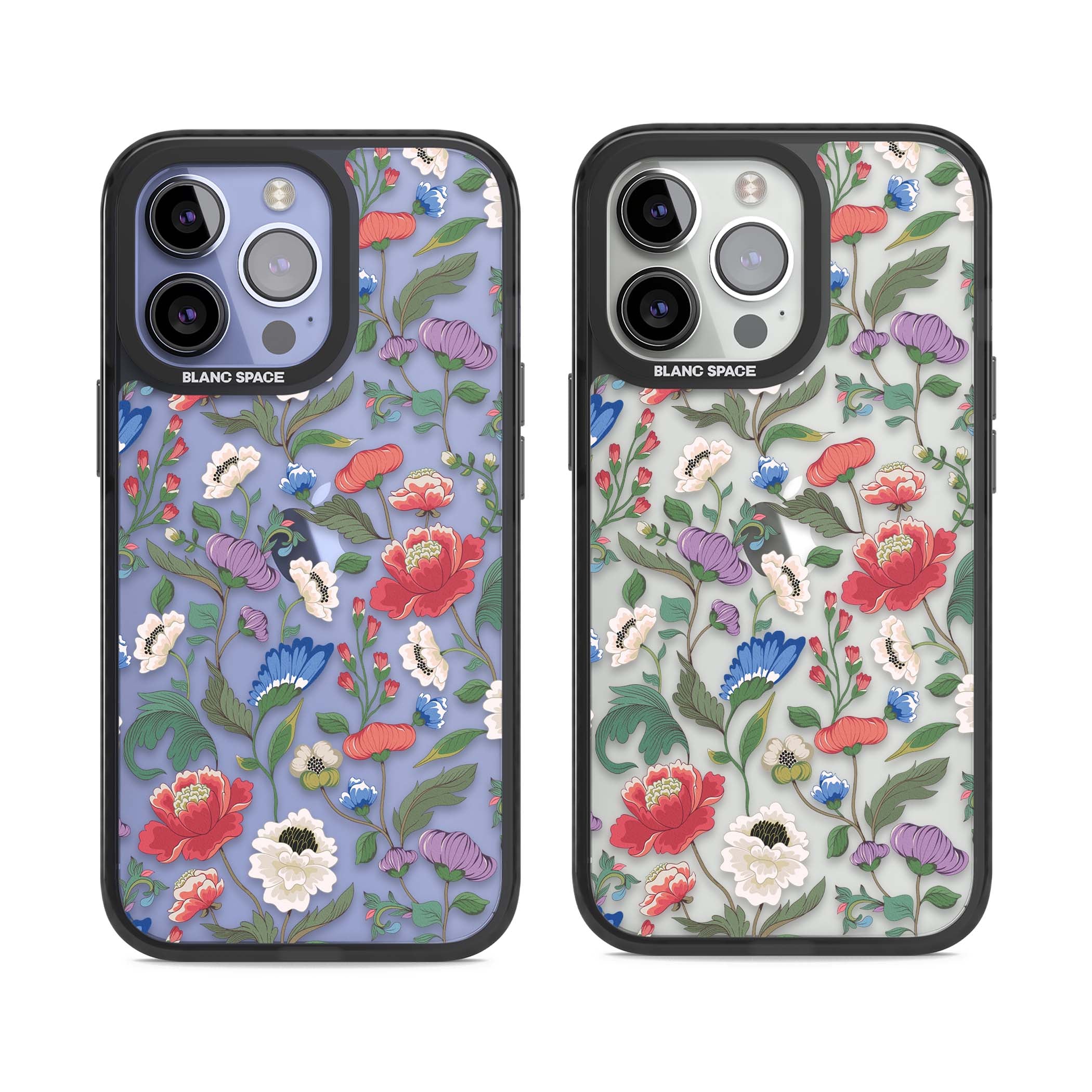 Chinoiserie Bloom vintage floral iPhone case featuring hand-painted peonies, poppies and trailing wildflowers on clear... | Black Impact case for iPhone 13 Pro, iPhone 14 Pro, iPhone 15 Pro