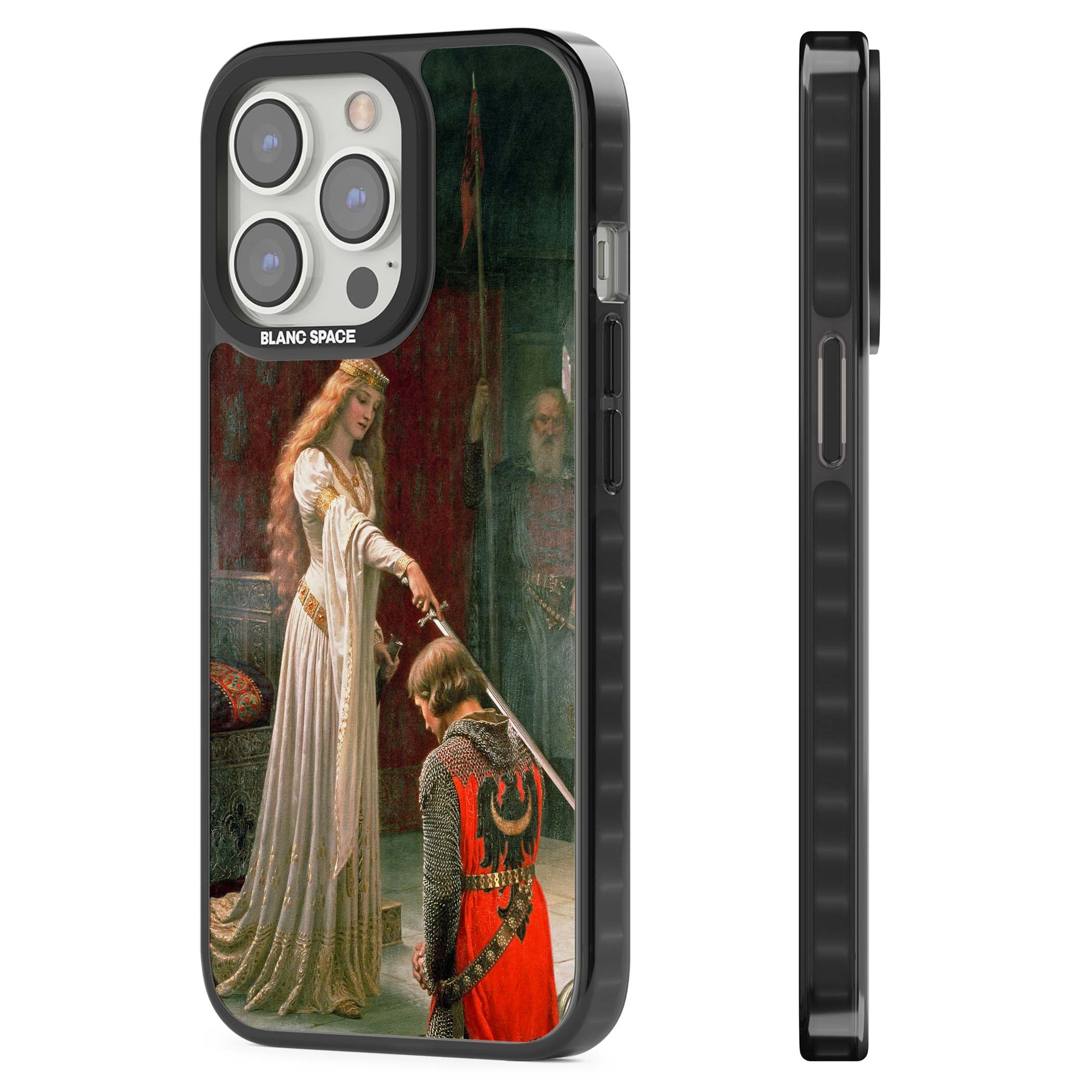 The Accolade renaissance art iPhone case featuring Edmund Blair Leighton's painting of a queen knighting a kneeling knight | Black Impact case for iPhone 13 Pro, iPhone 14 Pro, iPhone 15 Pro