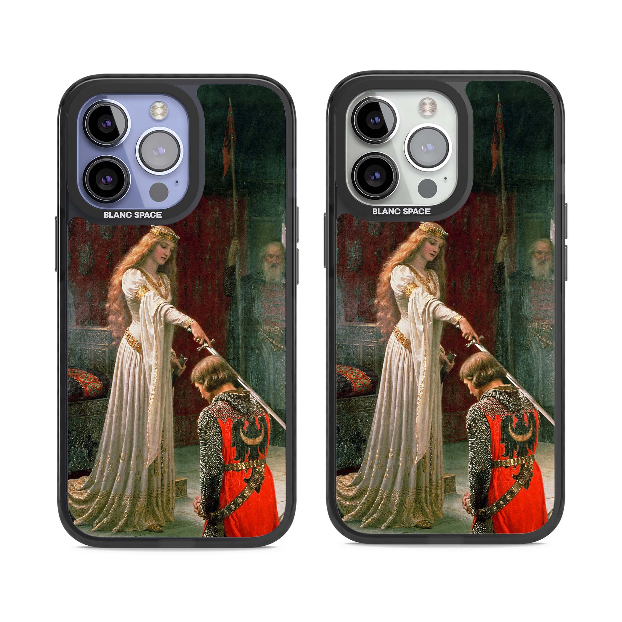 The Accolade renaissance art iPhone case featuring Edmund Blair Leighton's painting of a queen knighting a kneeling knight | Black Impact case for iPhone 13 Pro, iPhone 14 Pro, iPhone 15 Pro