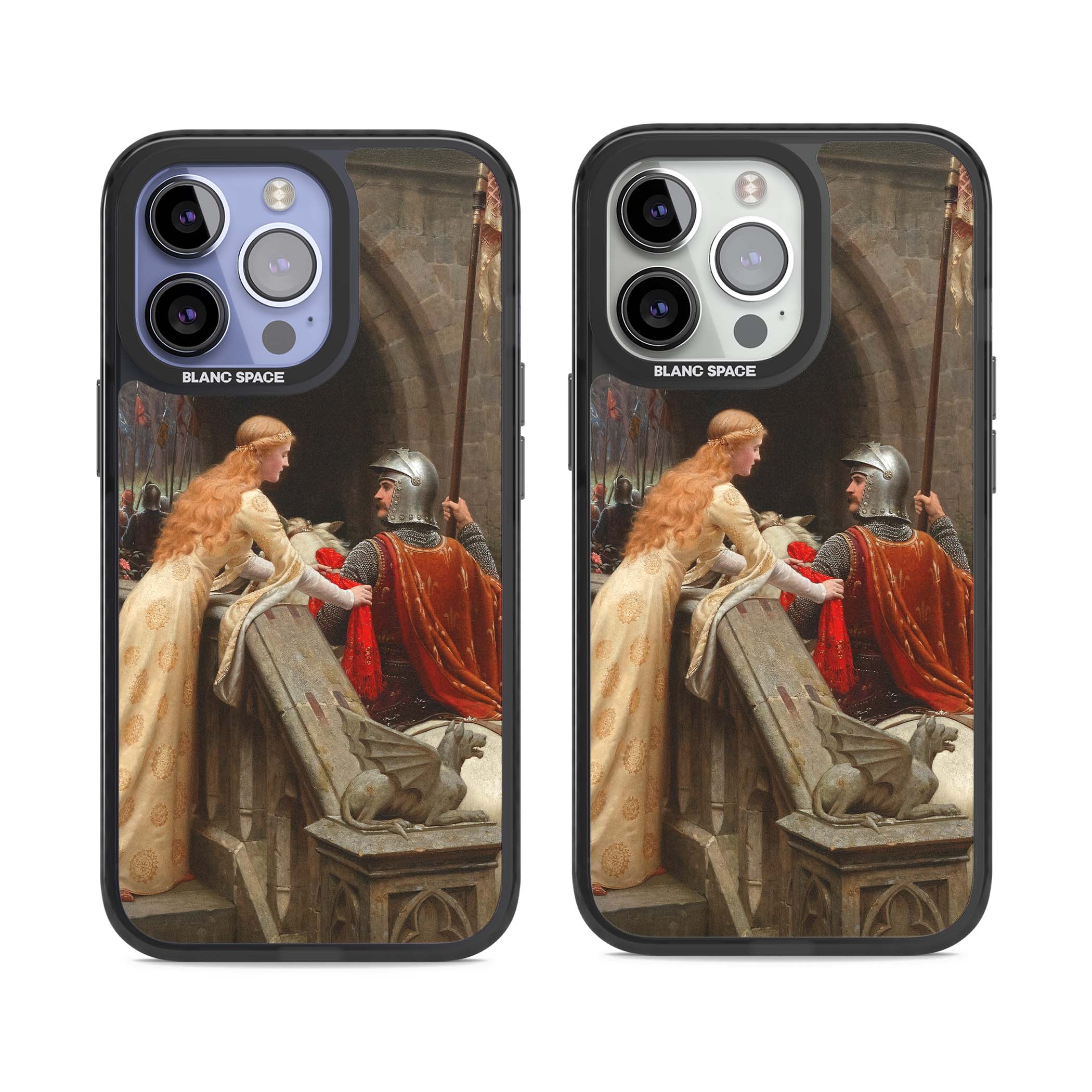 God Speed fine art iPhone case featuring Edmund Blair Leighton's medieval knight and lady beneath a stone archway | Black Impact case for iPhone 13 Pro, iPhone 14 Pro, iPhone 15 Pro