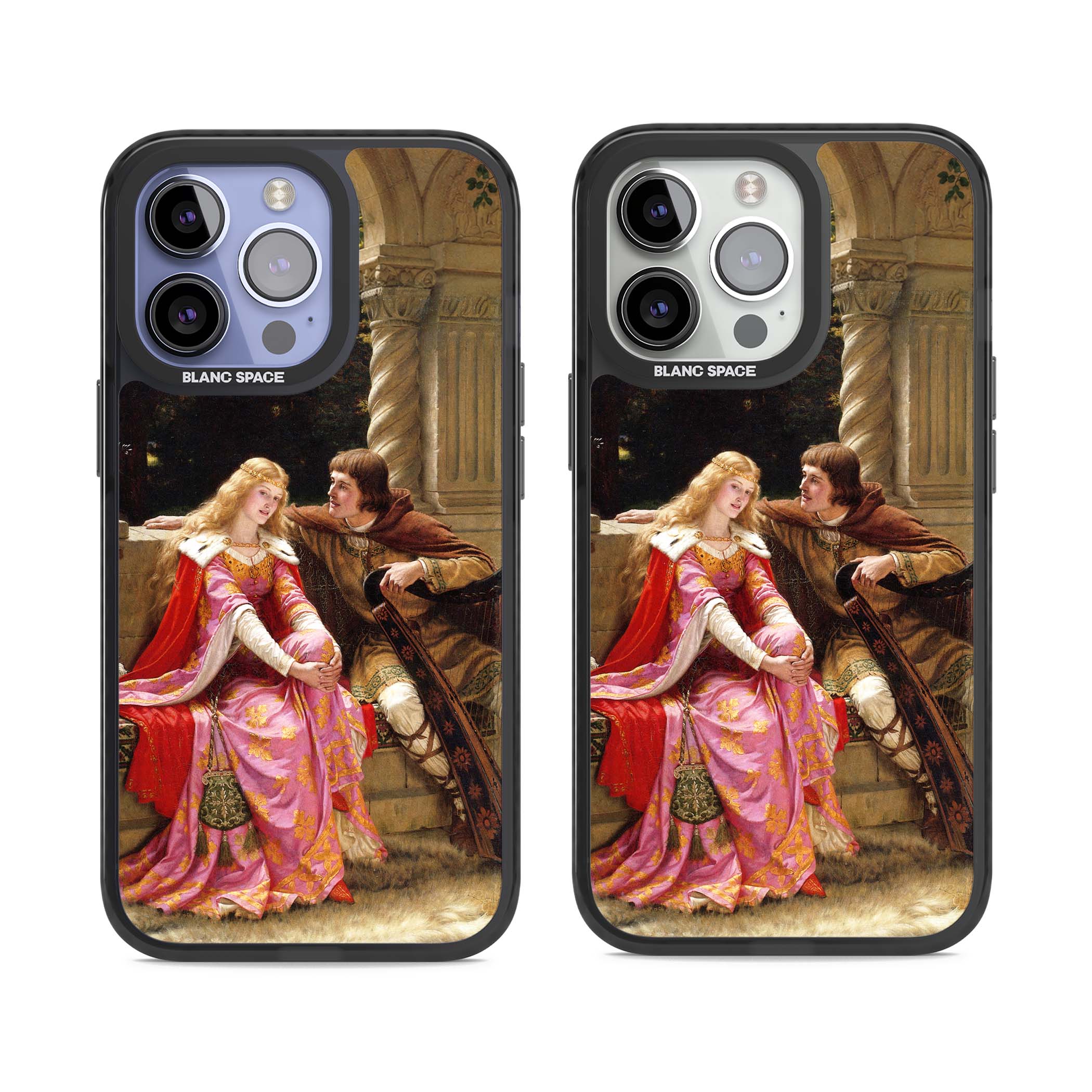 The End of the Song classic art iPhone case featuring a medieval lady in pink gown and her knight in a stone archway | Black Impact case for iPhone 13 Pro, iPhone 14 Pro, iPhone 15 Pro