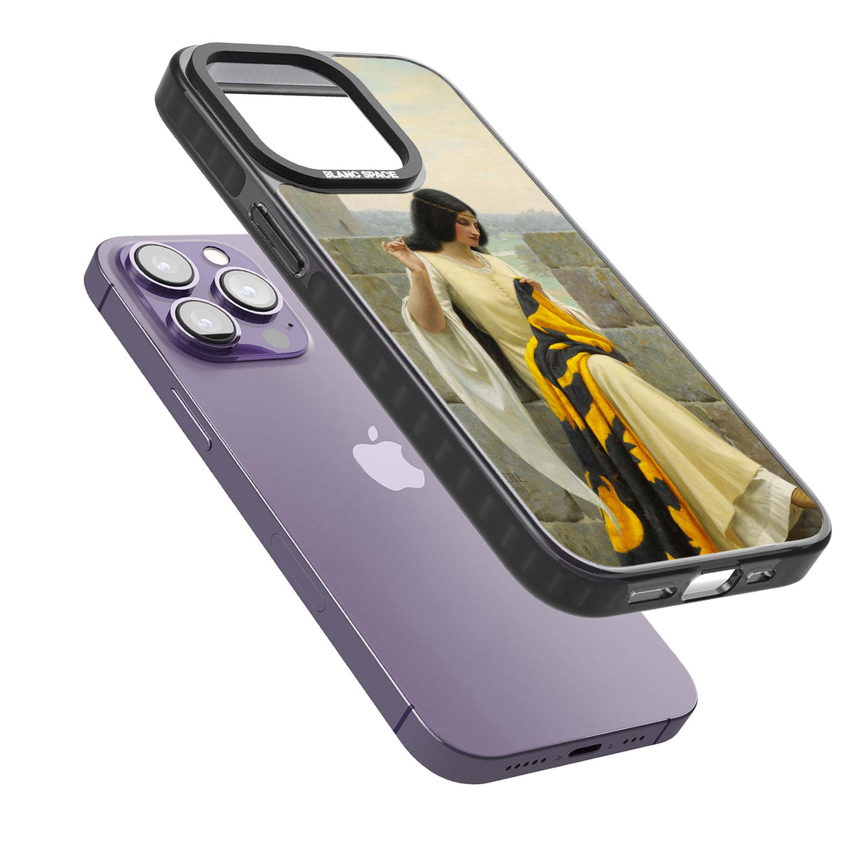 Stitching the Standard renaissance art iPhone case featuring a medieval lady sewing a golden banner on a castle wall | Black Impact case for iPhone 13 Pro, iPhone 14 Pro, iPhone 15 Pro