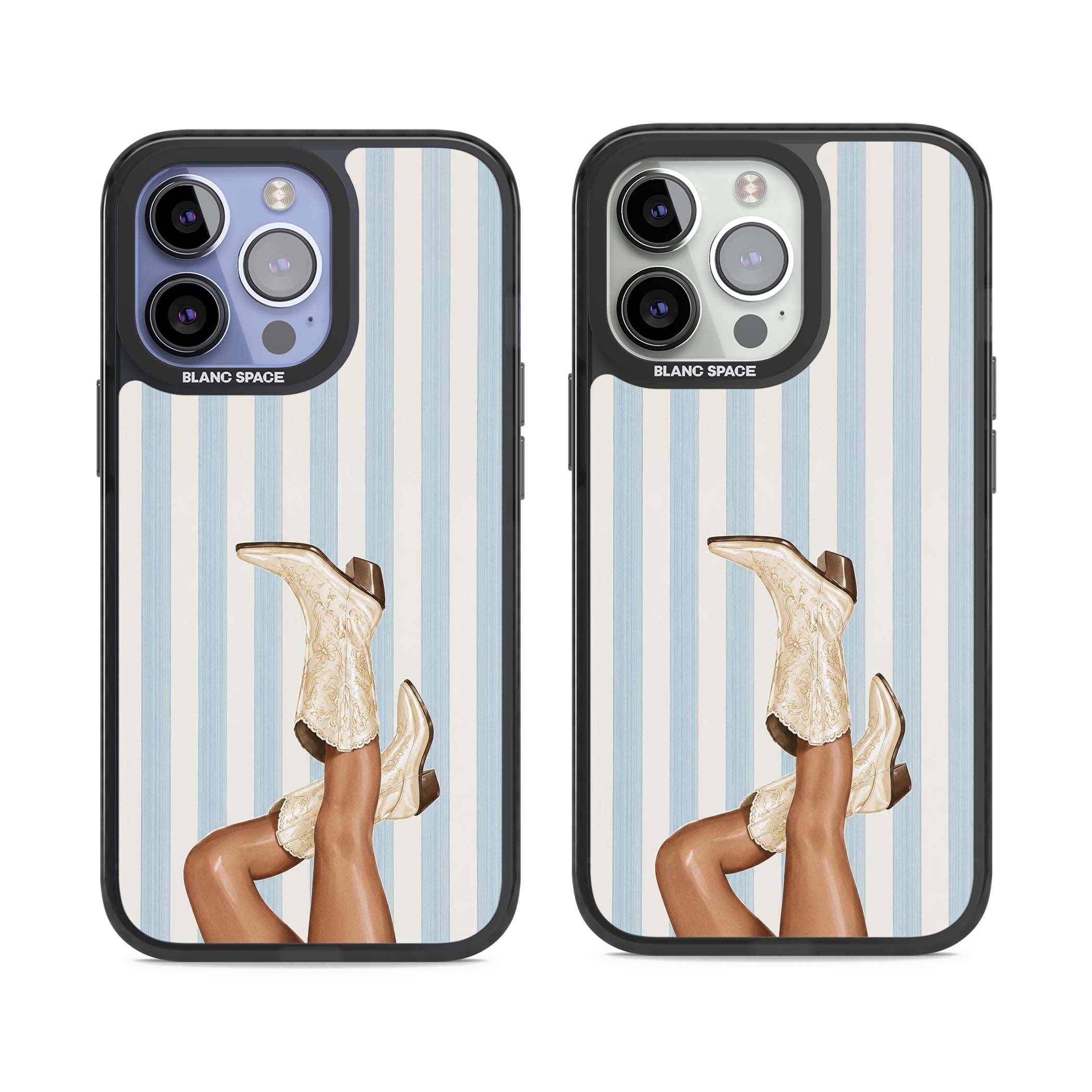 Cowgirl Boots coastal cowgirl iPhone case featuring embroidered western boots, tanned legs and a blue stripe backdrop | Black Impact case for iPhone 13 Pro, iPhone 14 Pro, iPhone 15 Pro