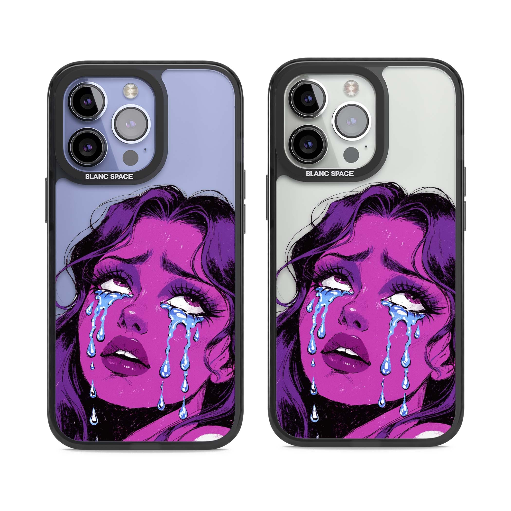 Drama Queen pop art iPhone case featuring a purple crying comic girl with blue tears | Black Impact case for iPhone 13 Pro, iPhone 14 Pro, iPhone 15 Pro