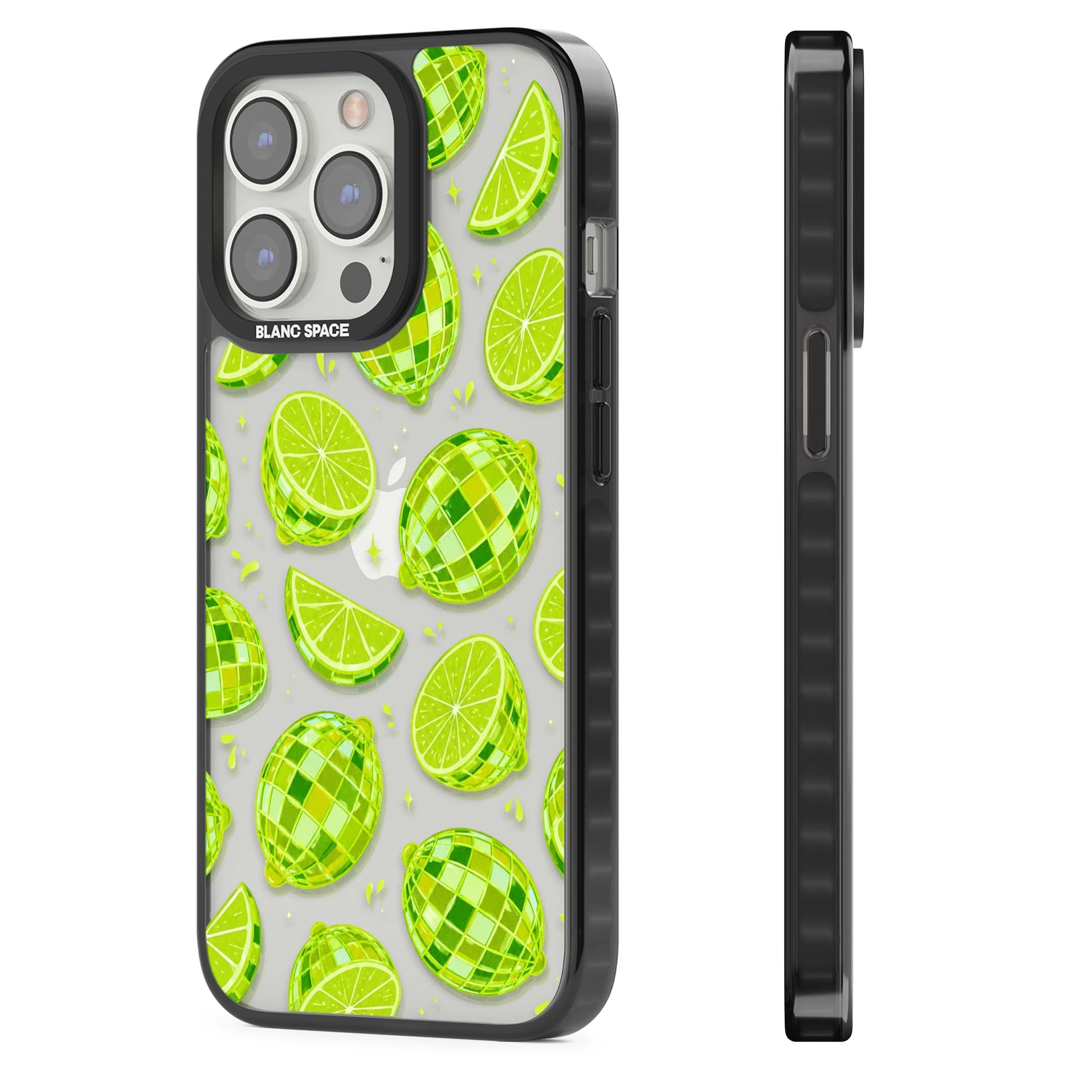Disco Limes fruit aesthetic iPhone case featuring green disco balls, lime slices and citrus sparkles | Black Impact case for iPhone 13 Pro, iPhone 14 Pro, iPhone 15 Pro