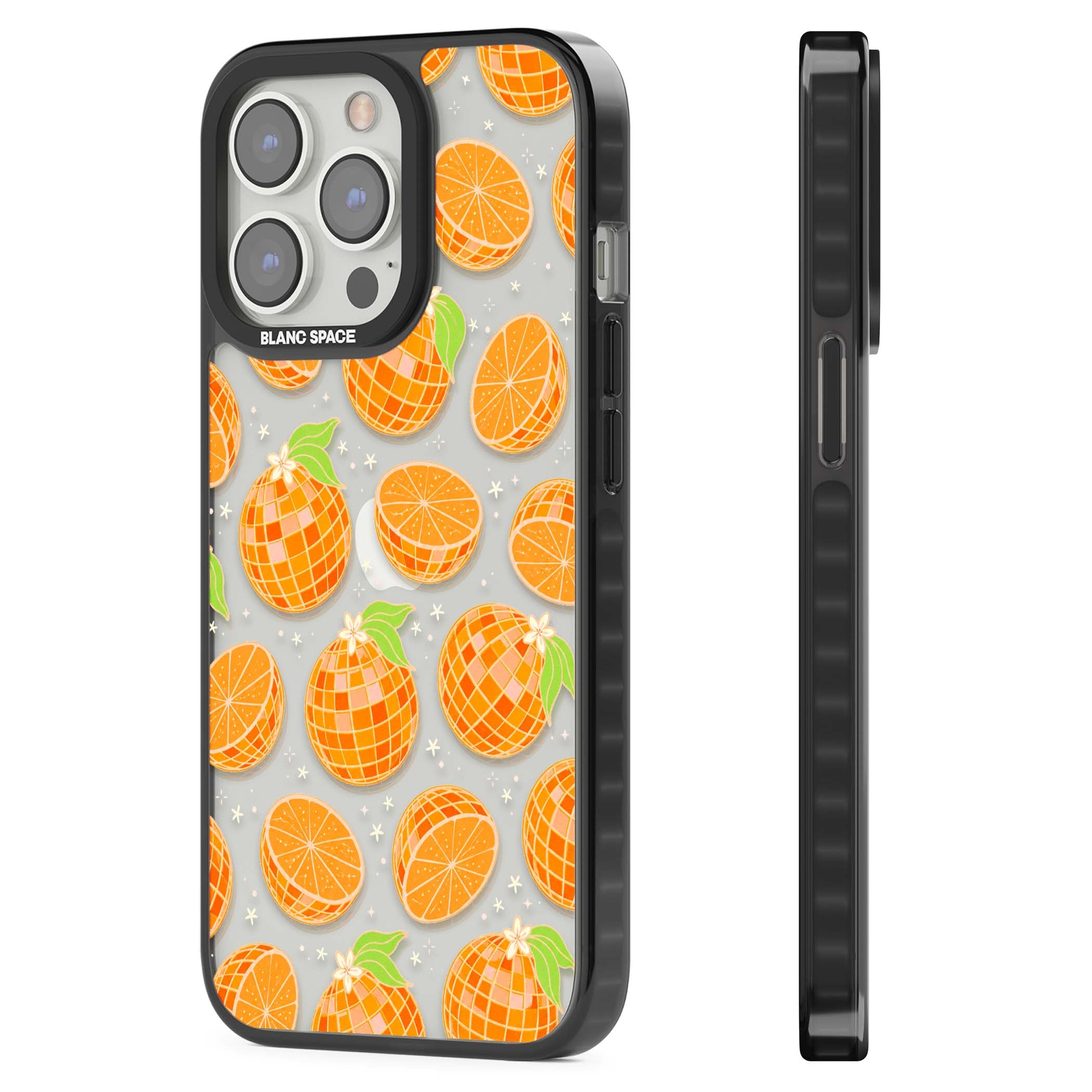 Disco Oranges retro iPhone case featuring mirrorball oranges, citrus slices and tiny blossoms on clear | Black Impact case for iPhone 13 Pro, iPhone 14 Pro, iPhone 15 Pro