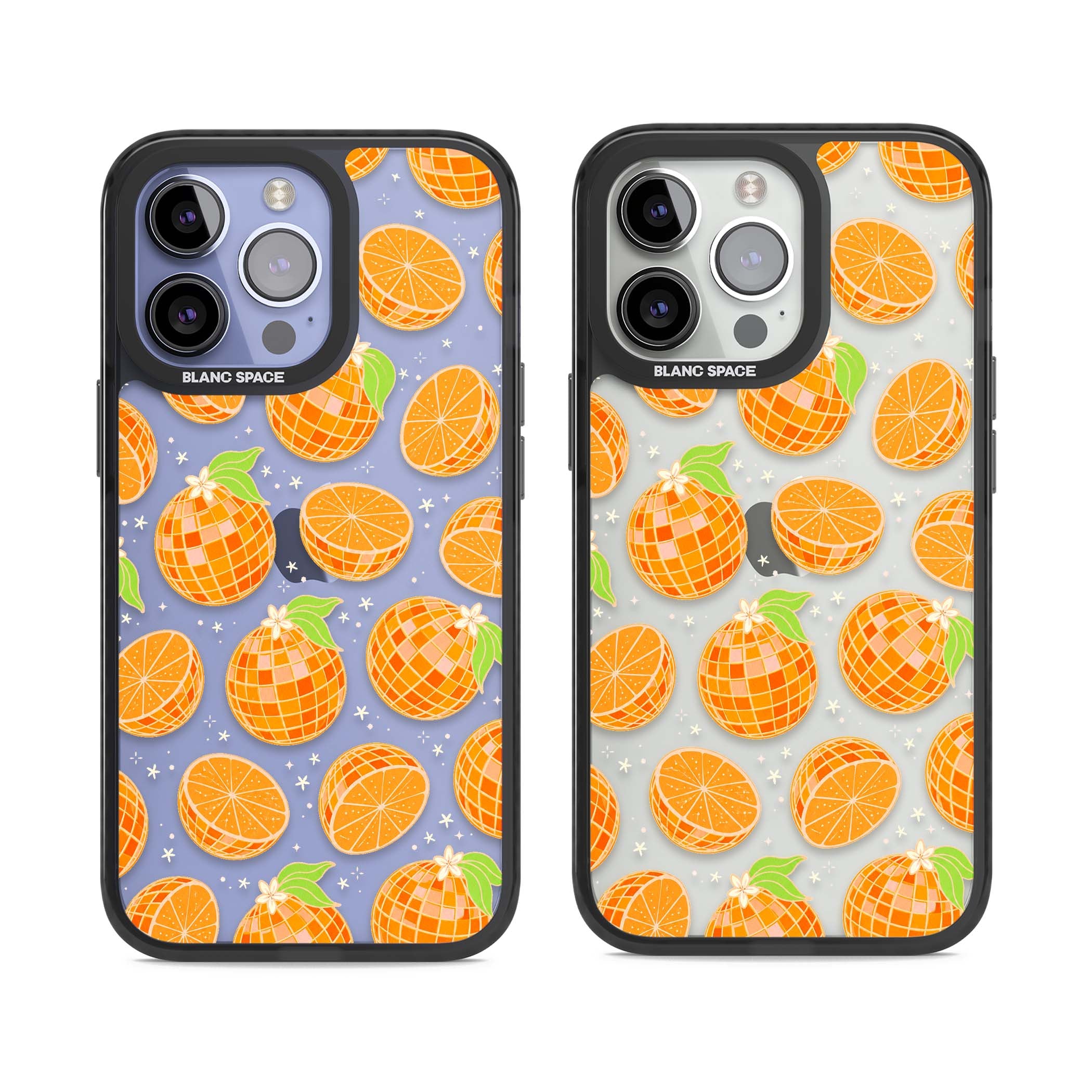 Disco Oranges retro iPhone case featuring mirrorball oranges, citrus slices and tiny blossoms on clear | Black Impact case for iPhone 13 Pro, iPhone 14 Pro, iPhone 15 Pro