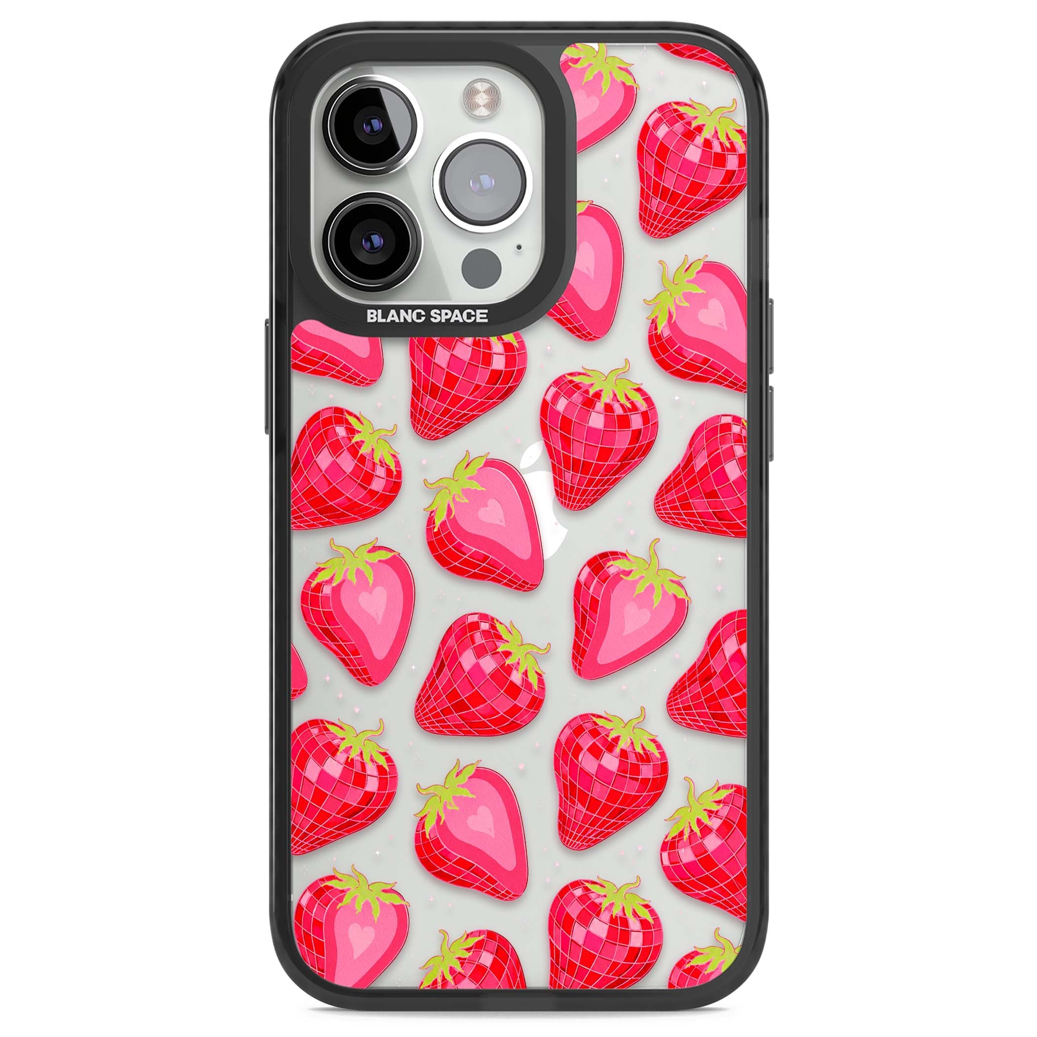 Disco Strawberry Y2K iPhone case featuring pink disco-ball strawberries, green leaves and tiny sparkles | Black Impact case for iPhone 13 Pro, iPhone 14 Pro, iPhone 15 Pro