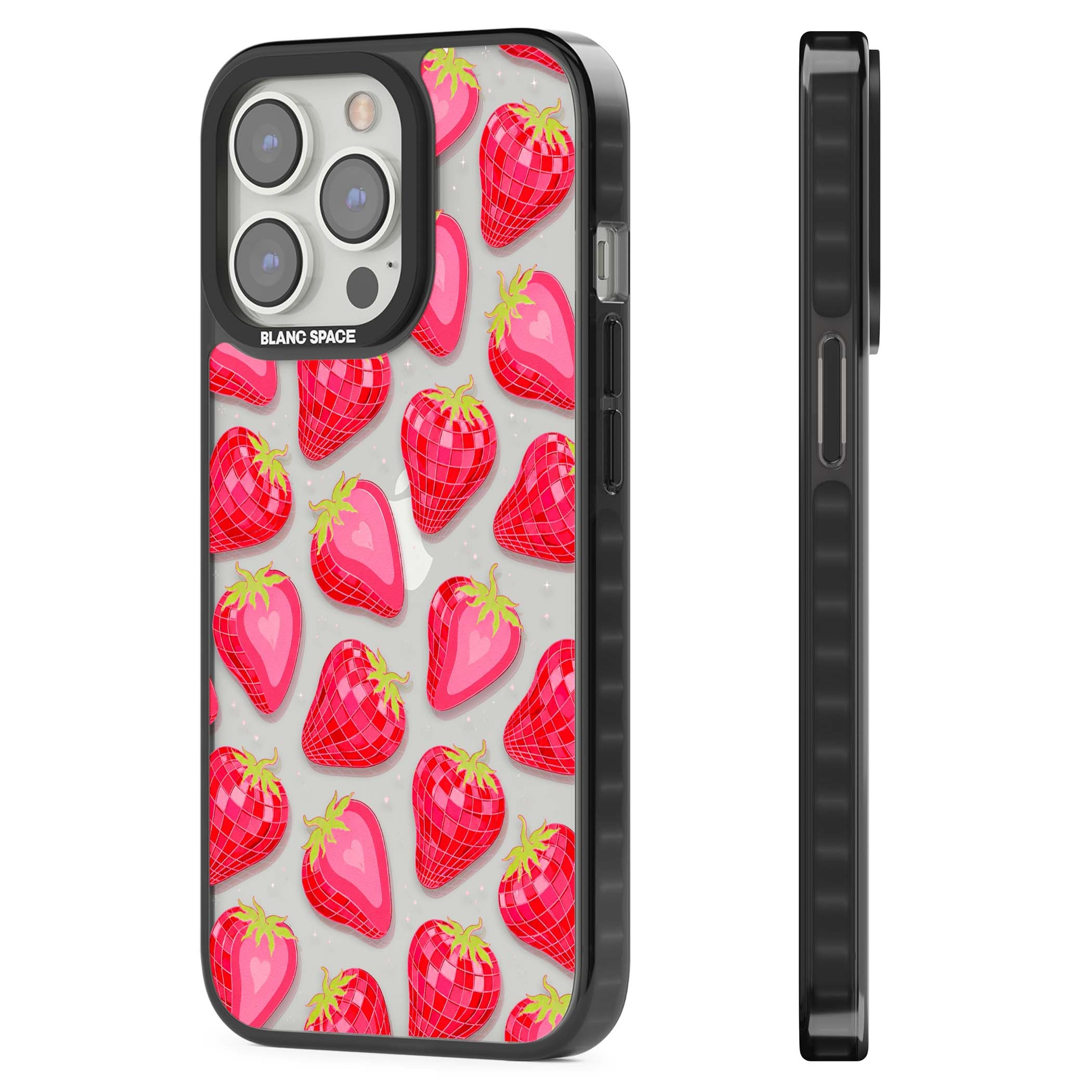 Disco Strawberry Y2K iPhone case featuring pink disco-ball strawberries, green leaves and tiny sparkles | Black Impact case for iPhone 13 Pro, iPhone 14 Pro, iPhone 15 Pro