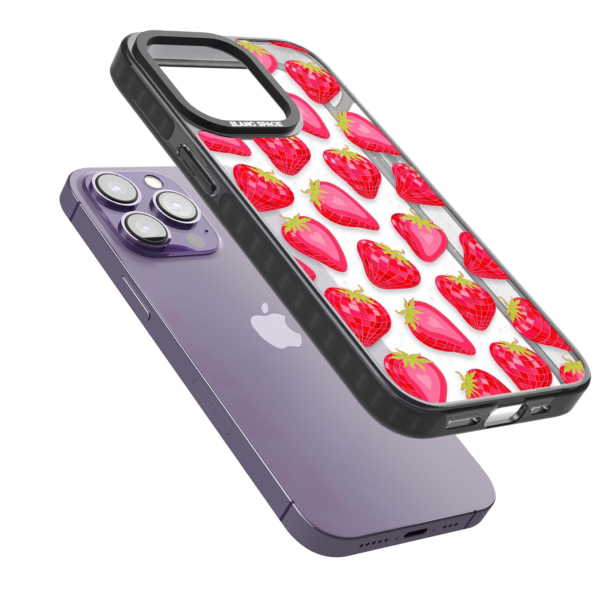 Disco Strawberry Y2K iPhone case featuring pink disco-ball strawberries, green leaves and tiny sparkles | Black Impact case for iPhone 13 Pro, iPhone 14 Pro, iPhone 15 Pro