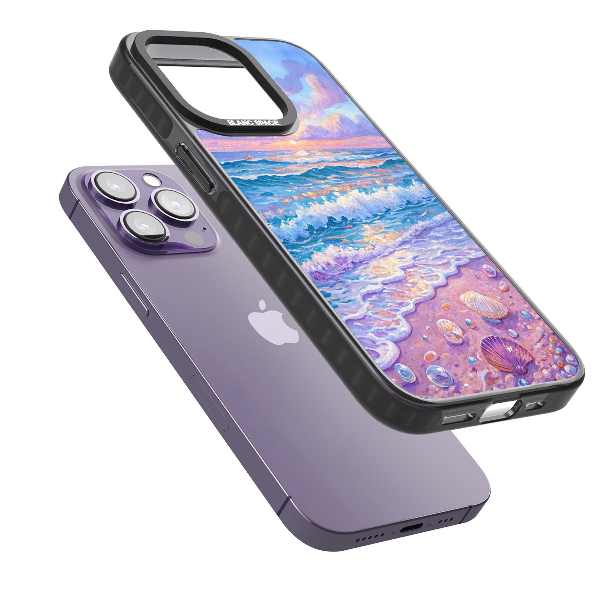 Pearl Shore coastal iPhone case featuring pastel painted waves, seashells, and a sunrise sky over a lavender beach. | Black Impact case for iPhone 13 Pro, iPhone 14 Pro, iPhone 15 Pro