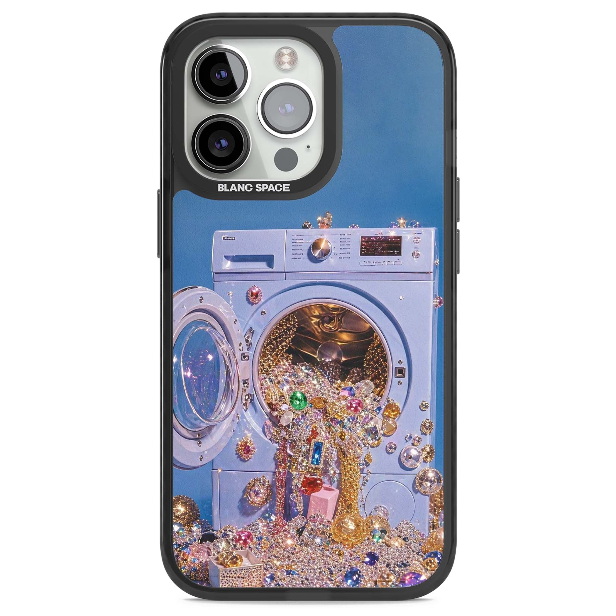 Gem Laundry baddie iPhone case featuring a surreal washing machine overflowing with colourful gemstones and crystals | Black Impact case for iPhone 13 Pro, iPhone 14 Pro, iPhone 15 Pro