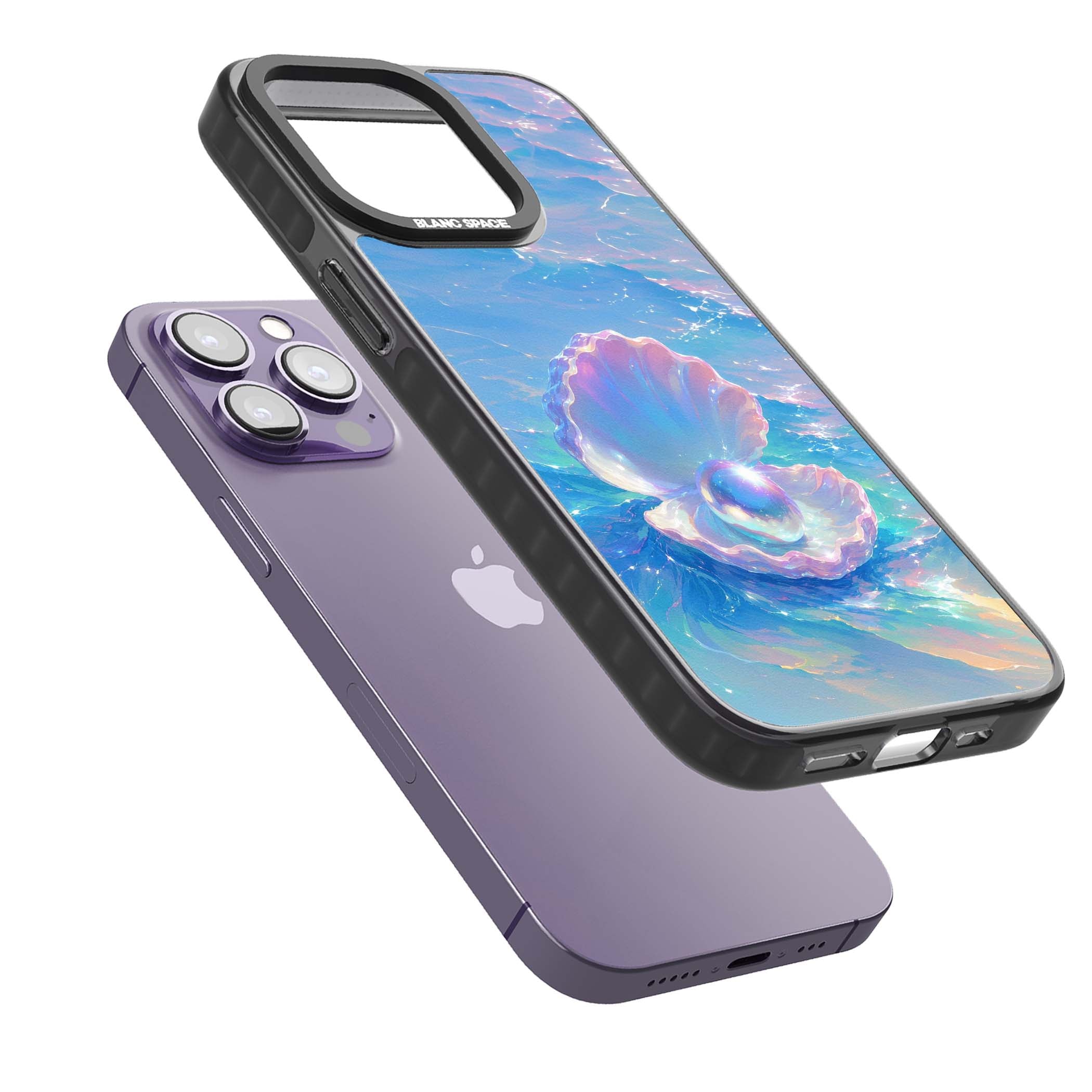 The Pearl Clam mermaidcore iPhone case featuring iridescent seashell, glowing pearl and pastel ocean waves | Black Impact case for iPhone 13 Pro, iPhone 14 Pro, iPhone 15 Pro