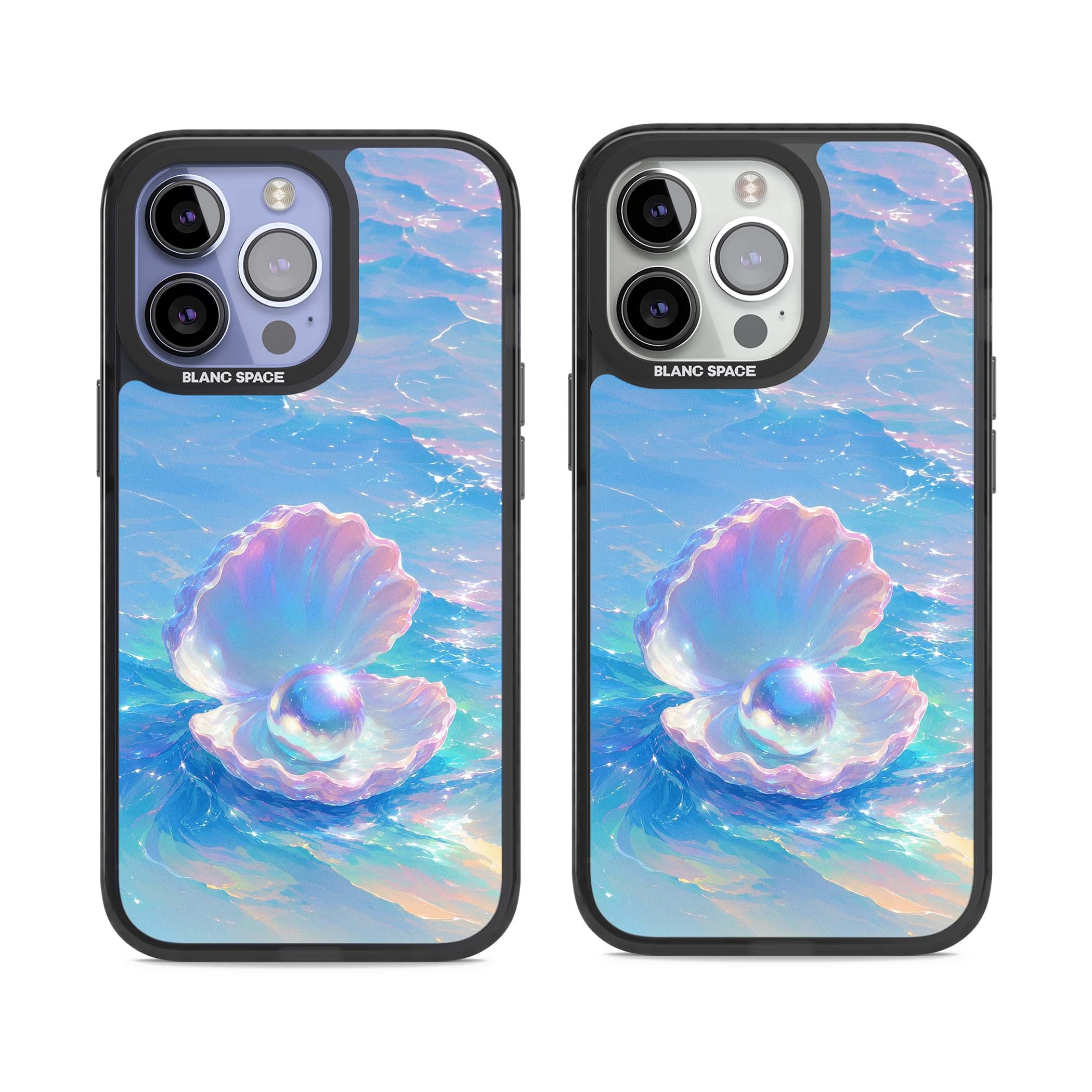 The Pearl Clam mermaidcore iPhone case featuring iridescent seashell, glowing pearl and pastel ocean waves | Black Impact case for iPhone 13 Pro, iPhone 14 Pro, iPhone 15 Pro