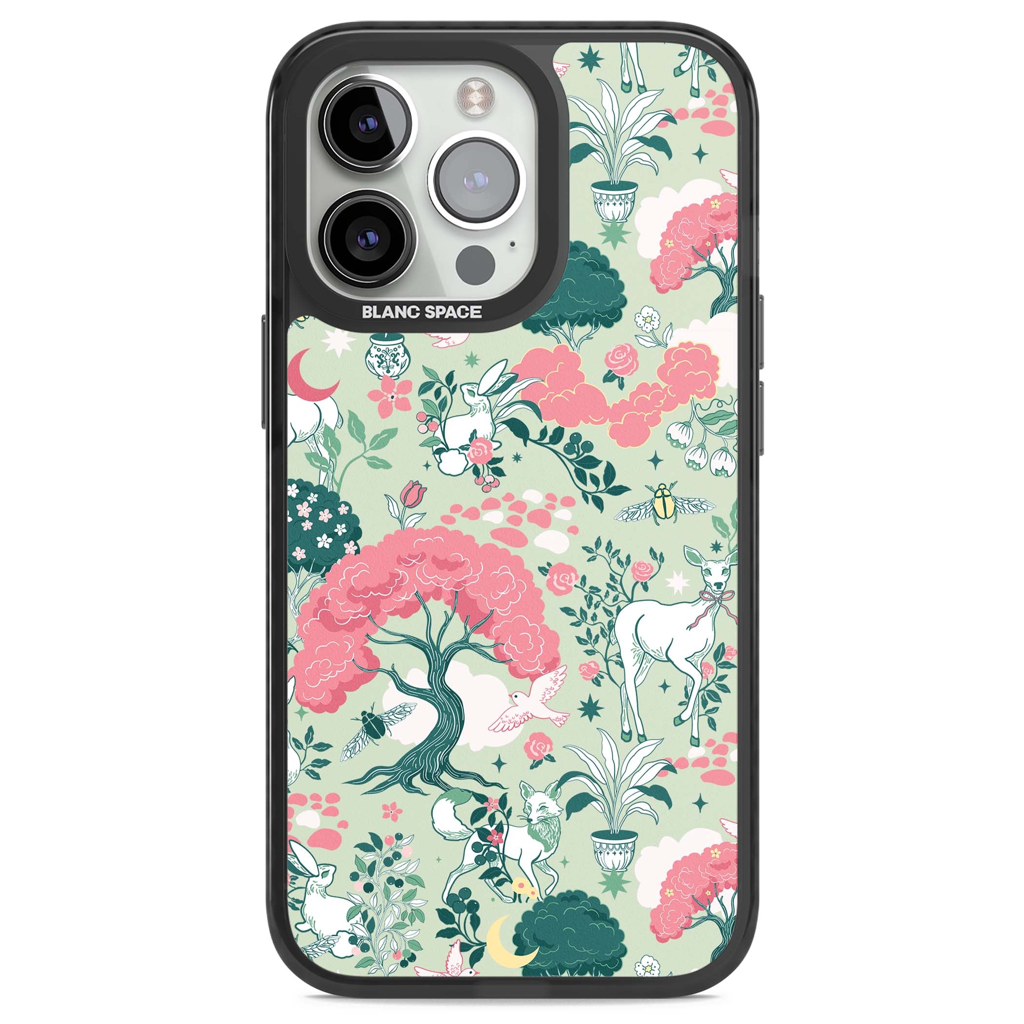 Enchanted Woodland cottagecore iPhone case featuring white deer, pink roses, mushrooms and woodland animals on sage green | Black Impact case for iPhone 13 Pro, iPhone 14 Pro, iPhone 15 Pro