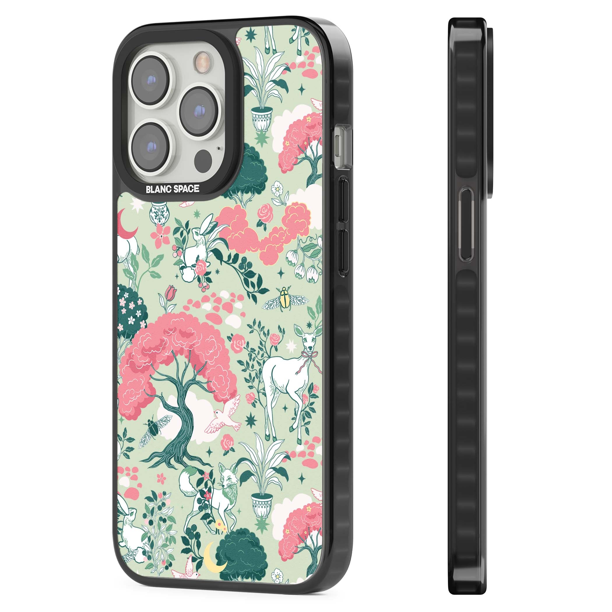 Enchanted Woodland cottagecore iPhone case featuring white deer, pink roses, mushrooms and woodland animals on sage green | Black Impact case for iPhone 13 Pro, iPhone 14 Pro, iPhone 15 Pro