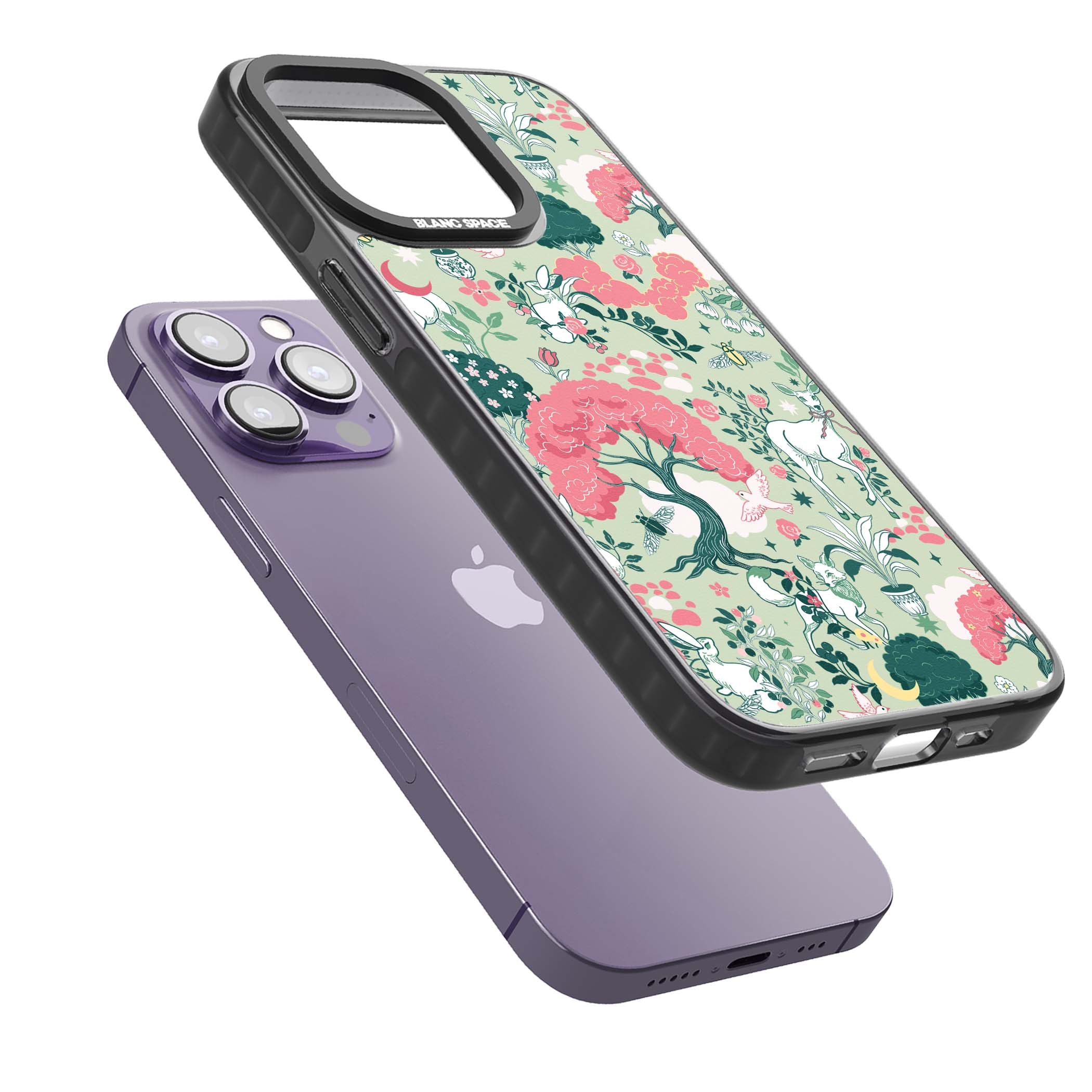 Enchanted Woodland cottagecore iPhone case featuring white deer, pink roses, mushrooms and woodland animals on sage green | Black Impact case for iPhone 13 Pro, iPhone 14 Pro, iPhone 15 Pro