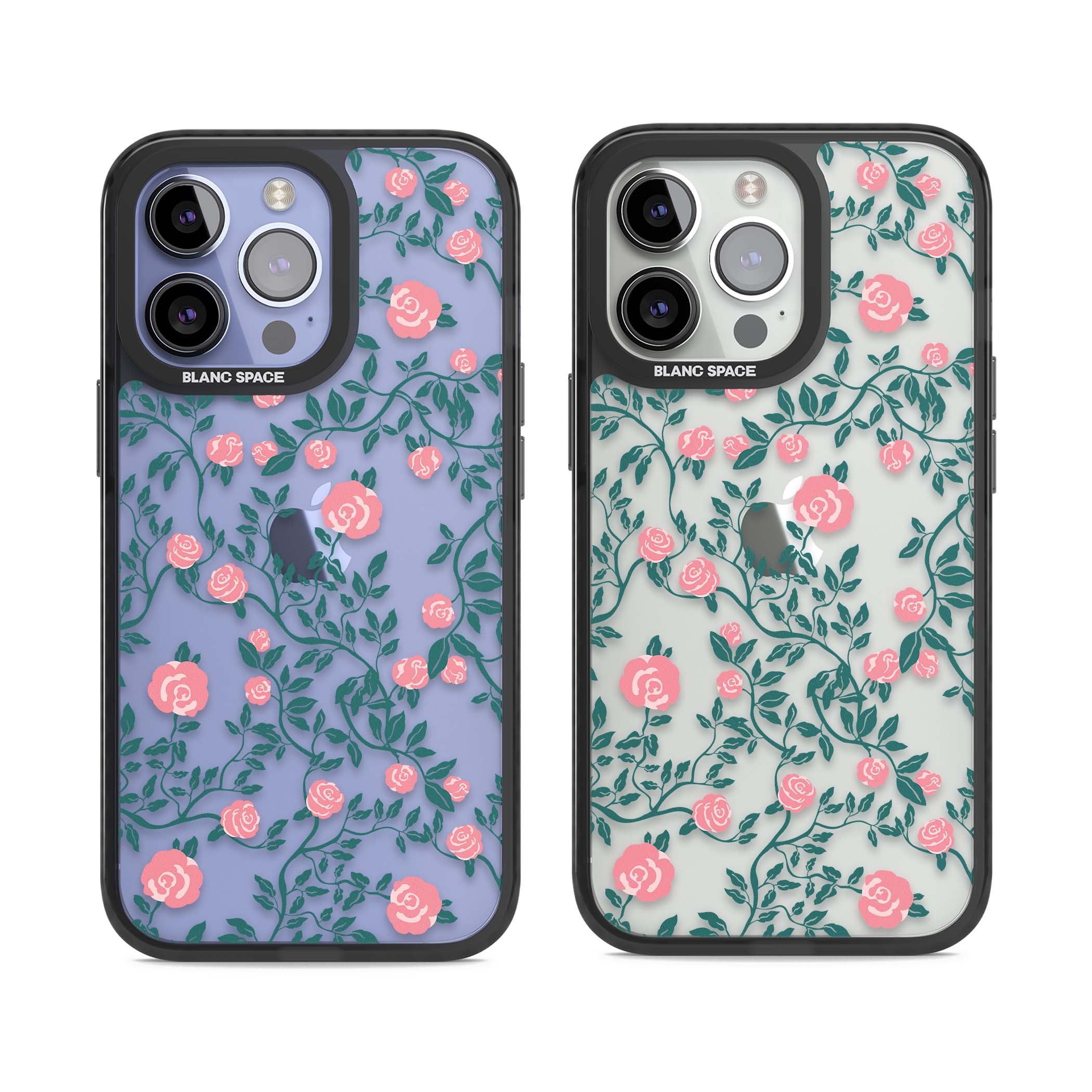 Rose Trellis (Clear) cottagecore iPhone case featuring pink climbing roses and green leaves on clear background | Black Impact case for iPhone 13 Pro, iPhone 14 Pro, iPhone 15 Pro