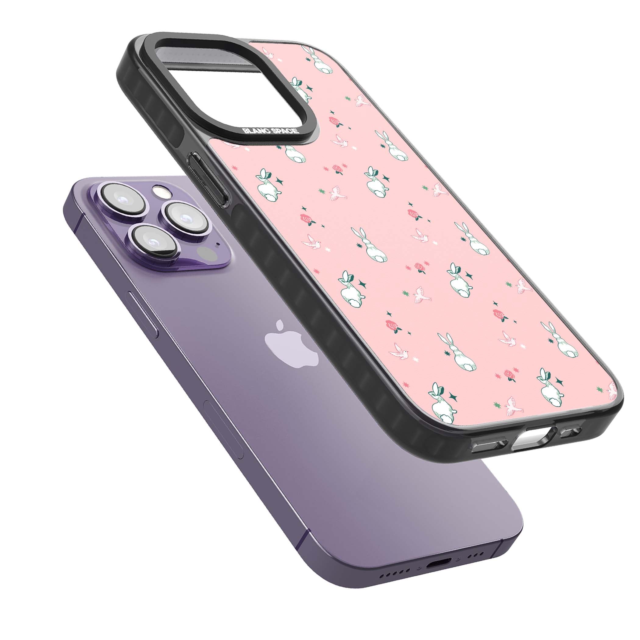 Bunny Garden kawaii iPhone case featuring white rabbits, pink roses, doves and stars on pink background | Black Impact case for iPhone 13 Pro, iPhone 14 Pro, iPhone 15 Pro