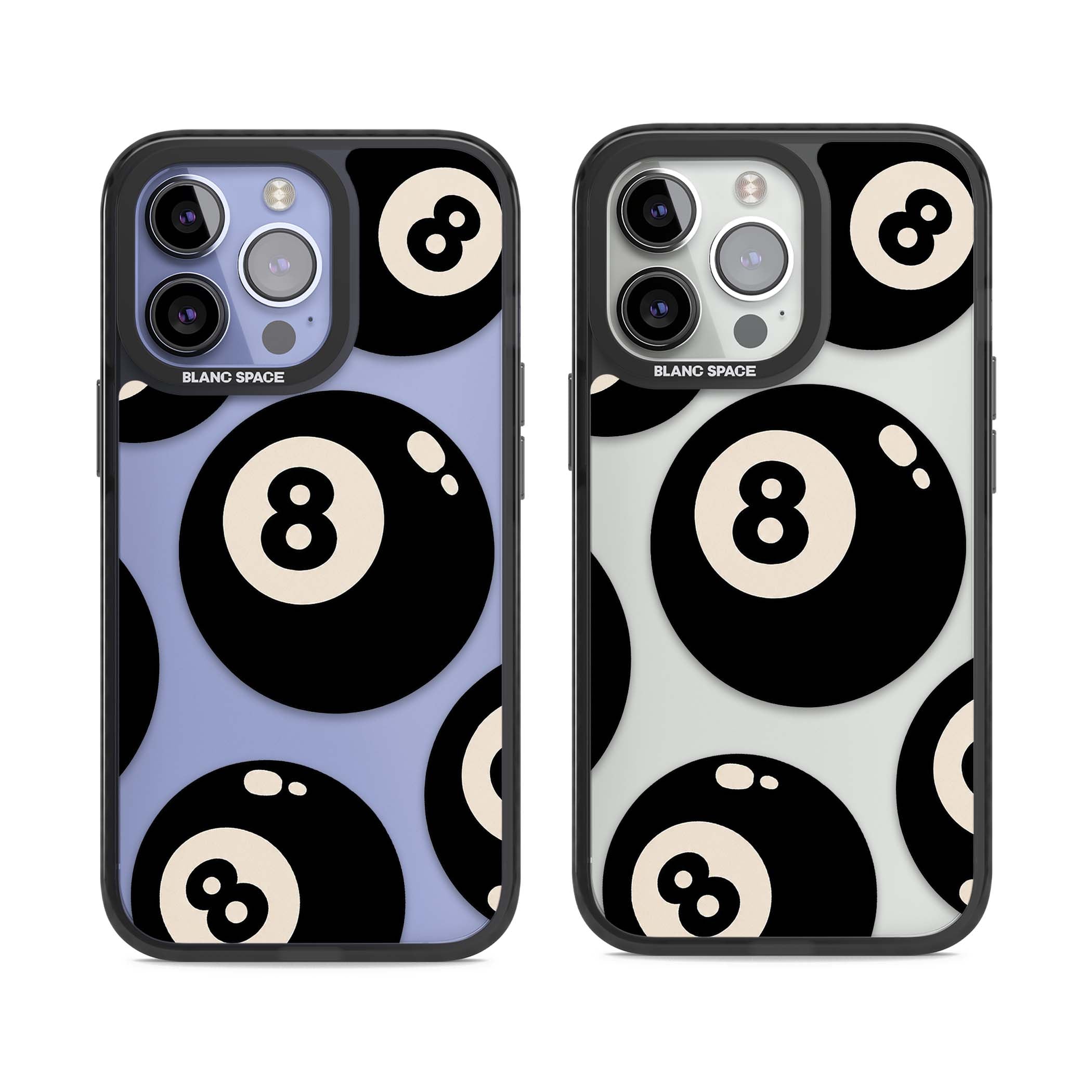 Eights y2k iPhone case featuring scattered black 8 balls with cream highlights on a clear background | Black Impact case for iPhone 13 Pro, iPhone 14 Pro, iPhone 15 Pro