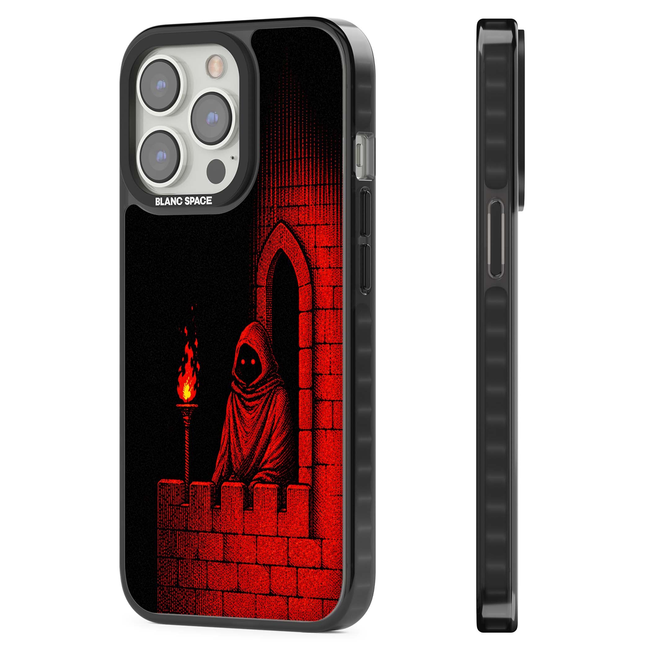 Crimson Crypt gothic iPhone case featuring a hooded reaper, torchlit crypt archway and red halftone horror art | Black Impact case for iPhone 13 Pro, iPhone 14 Pro, iPhone 15 Pro