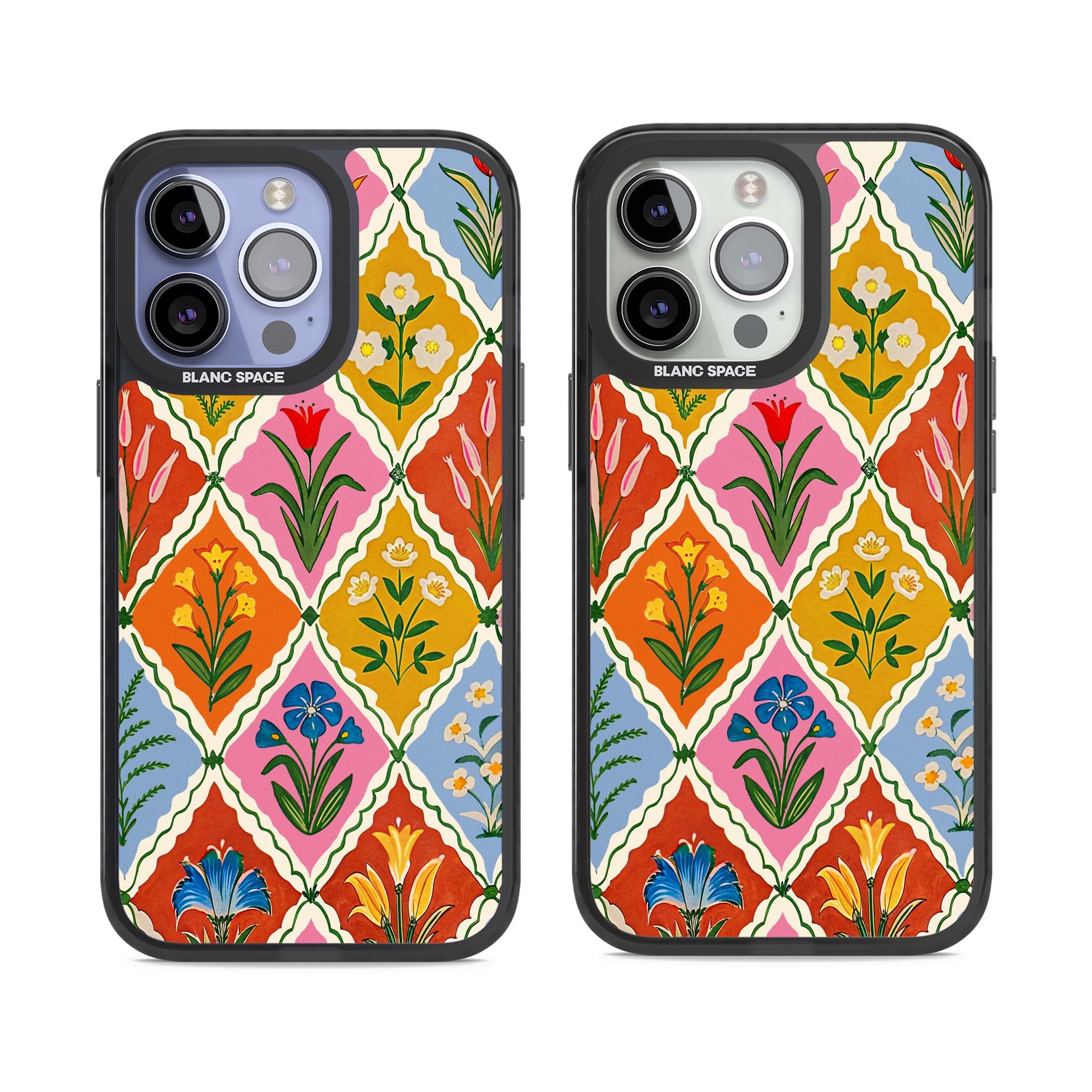 Floral Quilt boho floral iPhone case featuring diamond lattice pattern, hand-painted tulips and folk art wildflowers | Black Impact case for iPhone 13 Pro, iPhone 14 Pro, iPhone 15 Pro