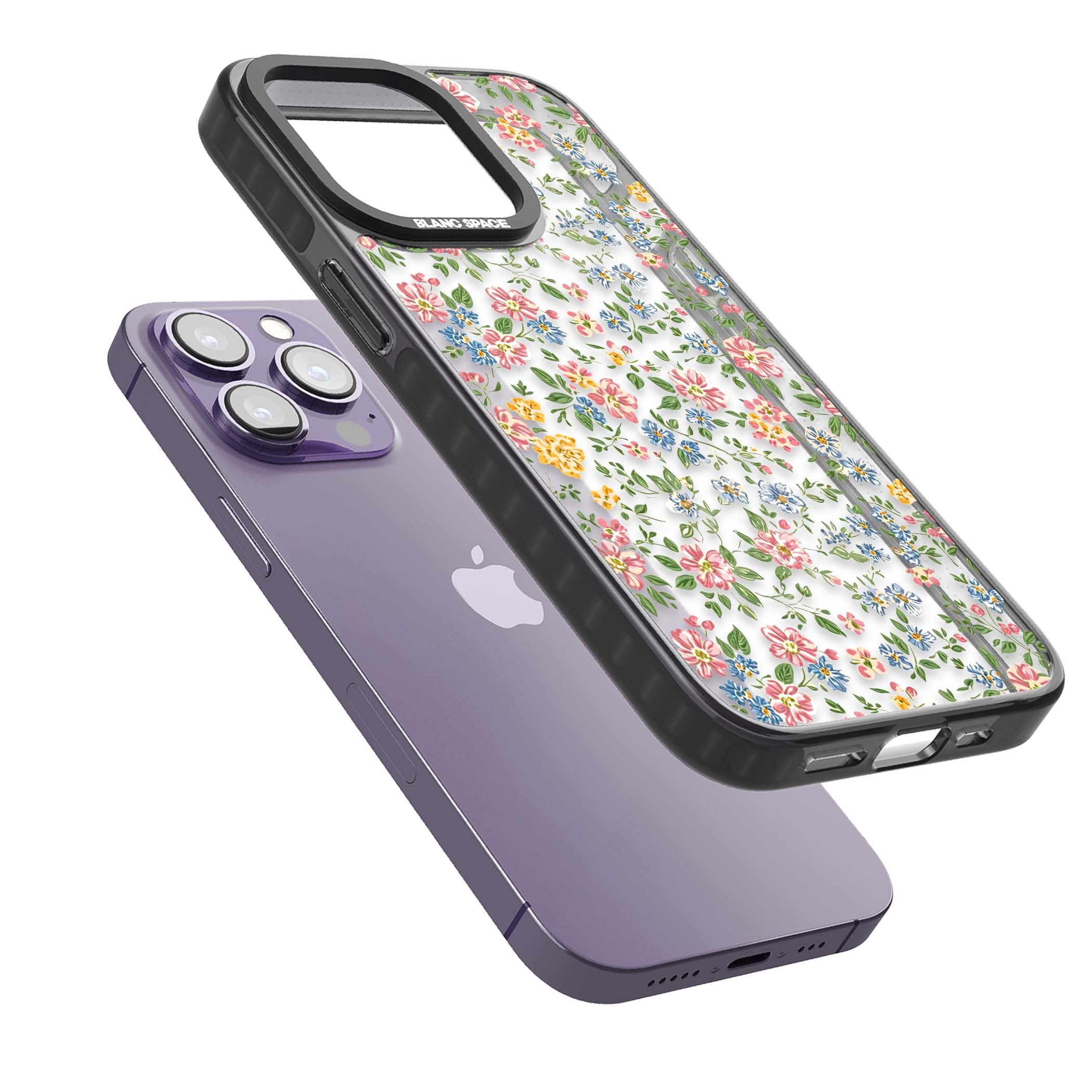 Soft Meadow cottagecore iPhone case featuring pink cosmos, blue forget-me-nots, yellow buttercups and green leaves sca | Black Impact case for iPhone 13 Pro, iPhone 14 Pro, iPhone 15 Pro