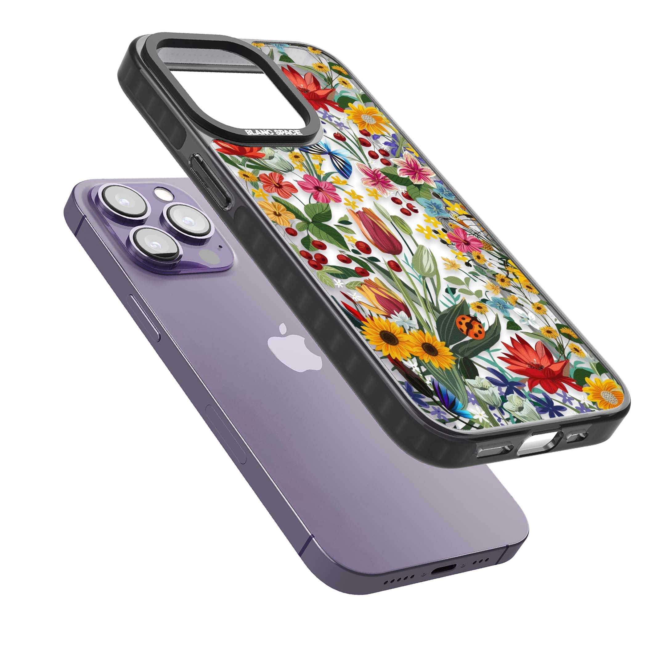 Botanical Bloom cottagecore iPhone case featuring colorful wildflowers, sunflowers, and ladybugs on clear background | Black Impact case for iPhone 13 Pro, iPhone 14 Pro, iPhone 15 Pro